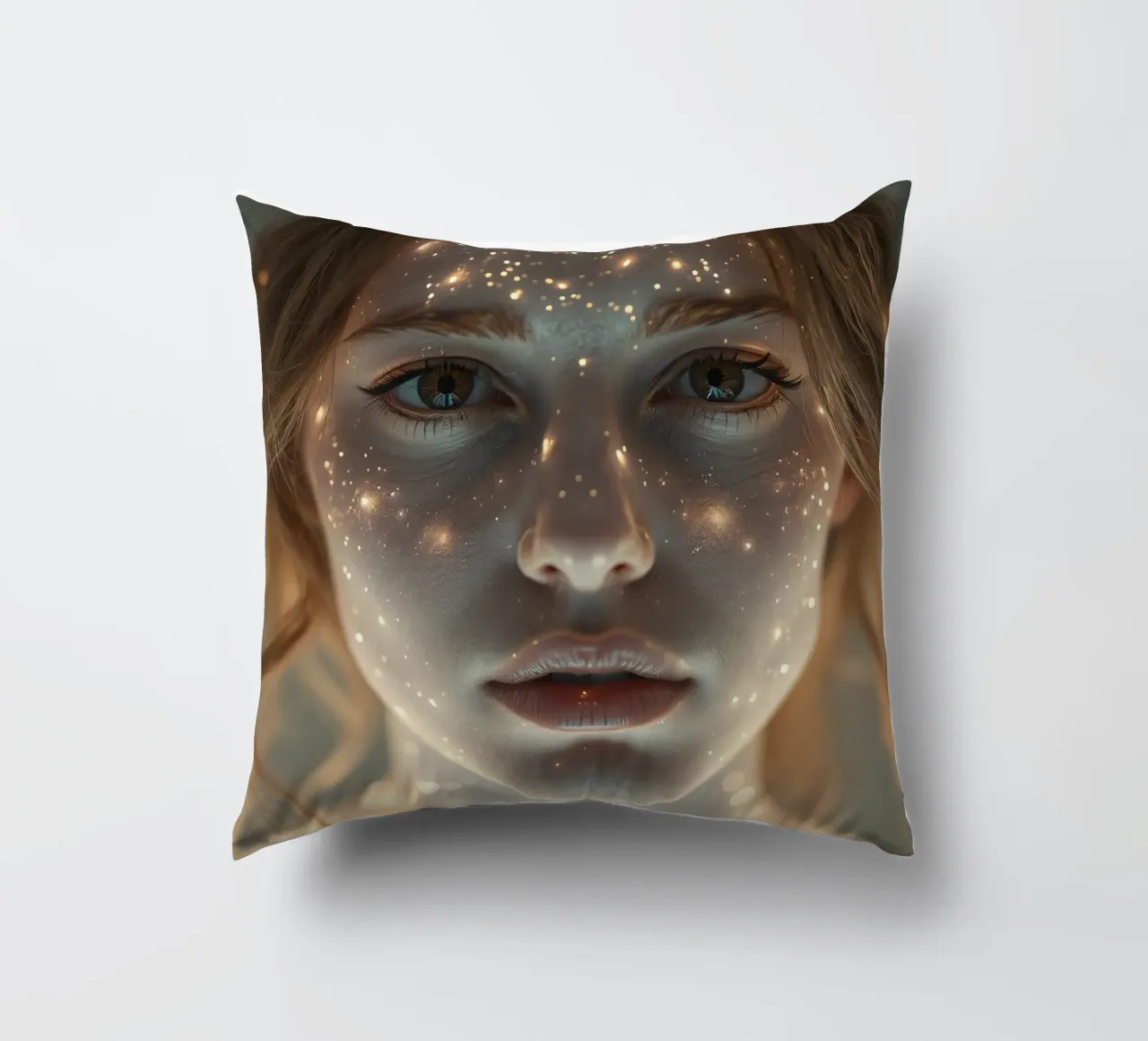 Un ritratto di donna con una proiezione di luce stellare su di lei cuscino da DesignDoodle
