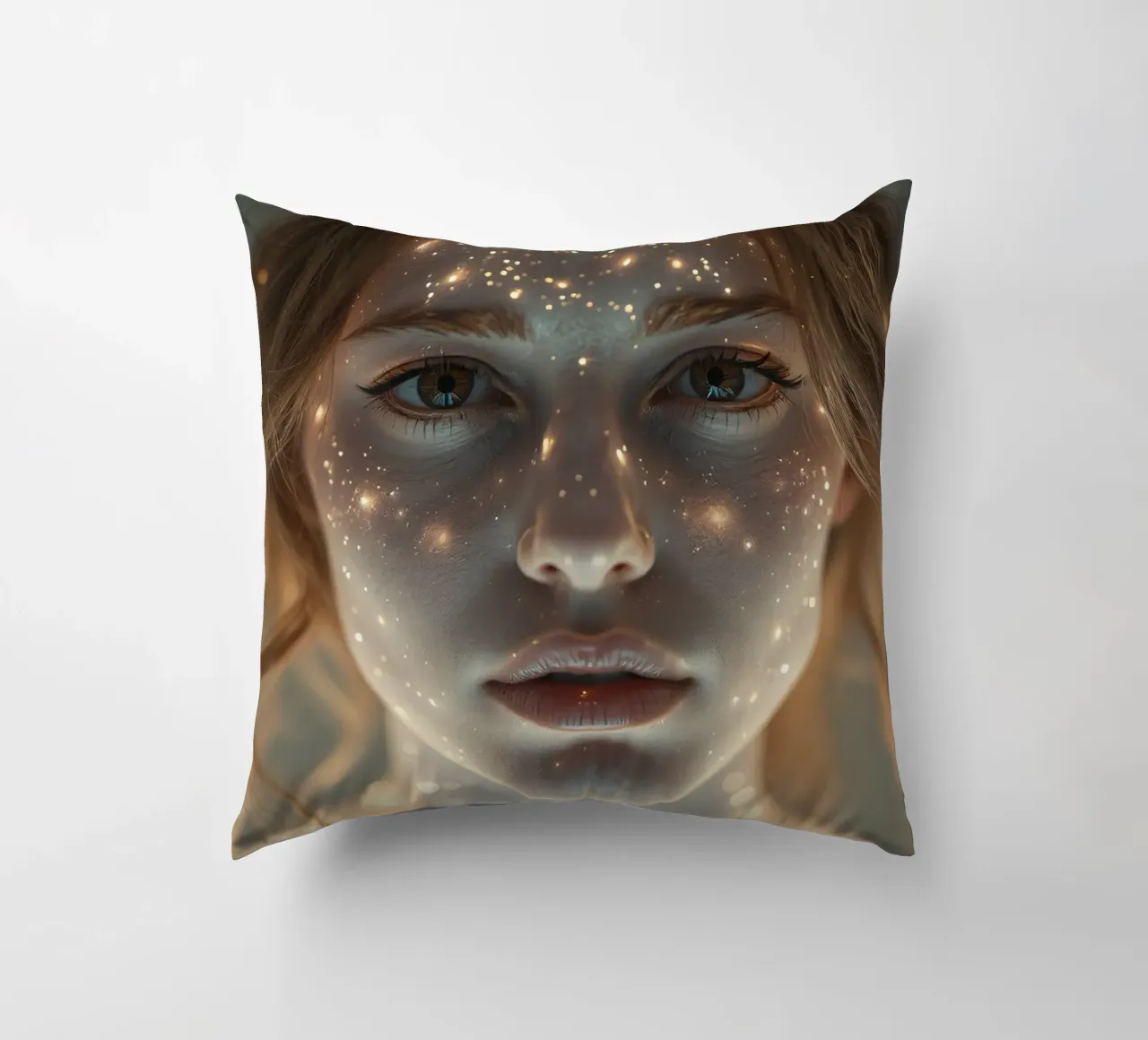 Un ritratto di donna con una proiezione di luce stellare su di lei cuscino da DesignDoodle