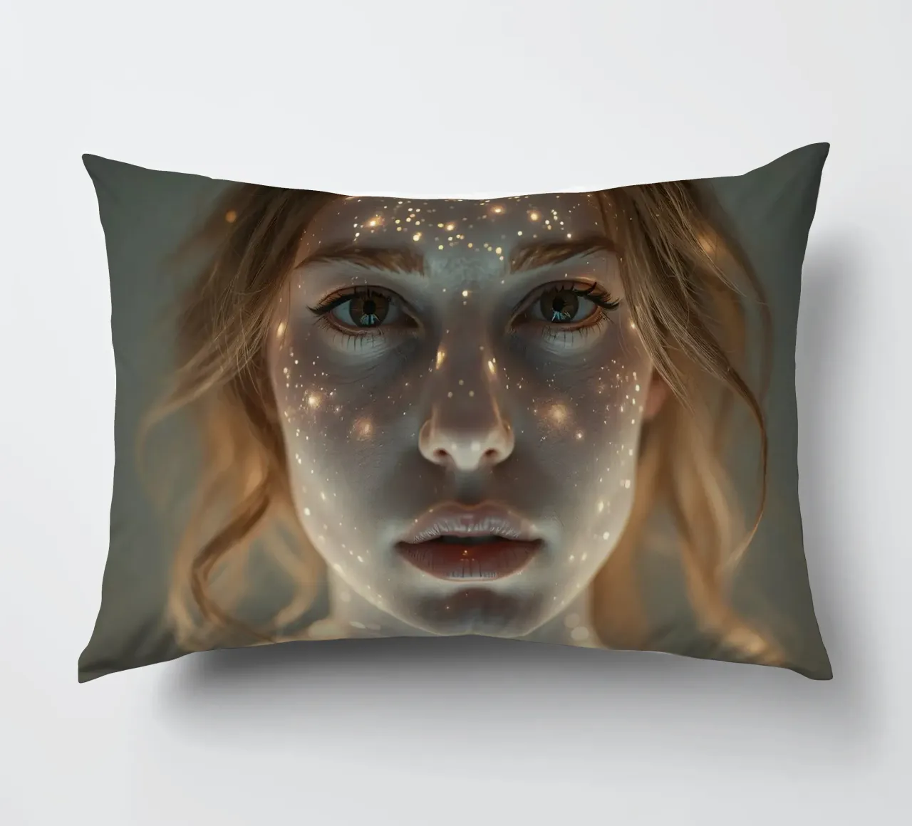 Un ritratto di donna con una proiezione di luce stellare su di lei cuscino da DesignDoodle