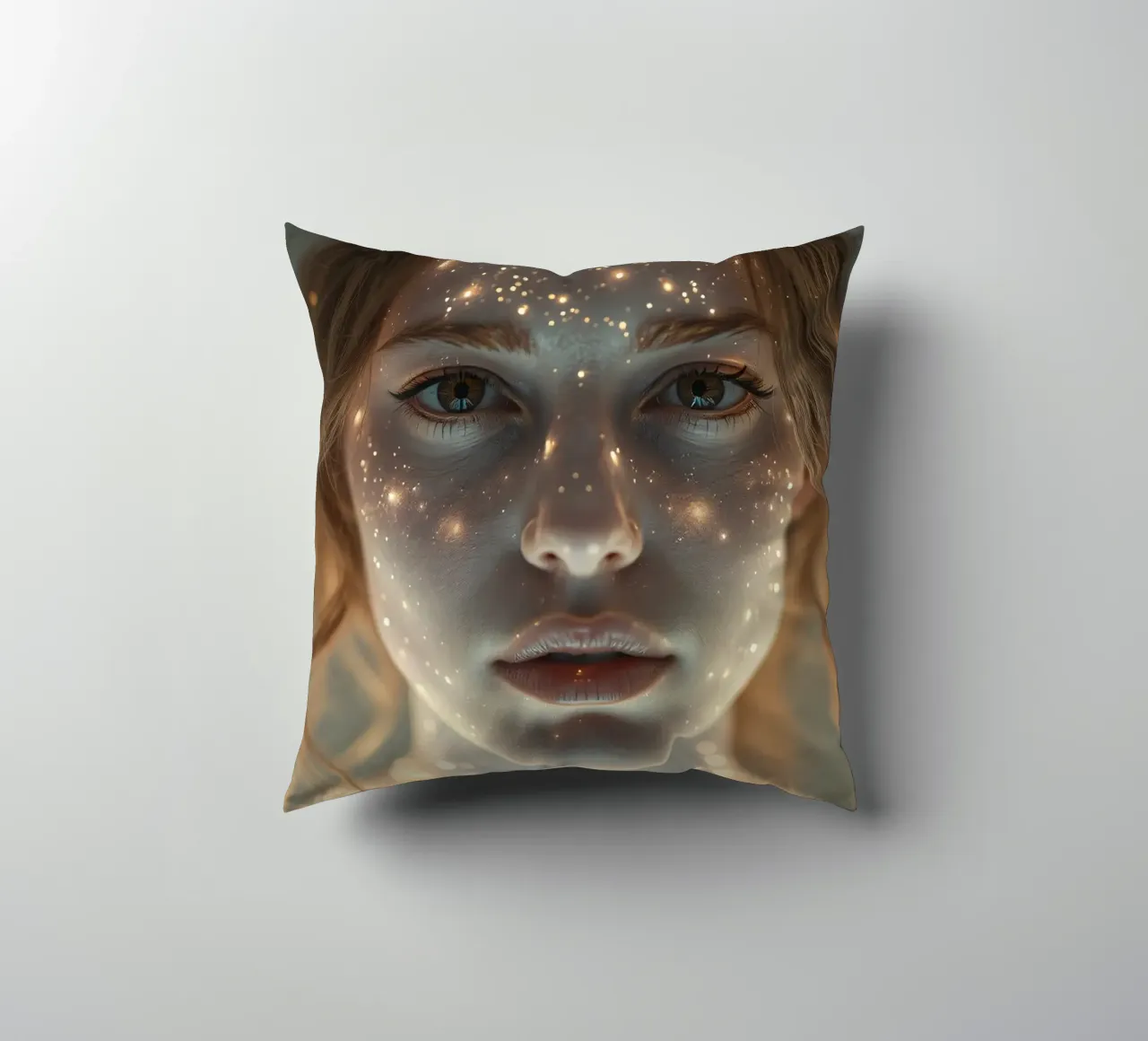 Un ritratto di donna con una proiezione di luce stellare su di lei cuscino da DesignDoodle