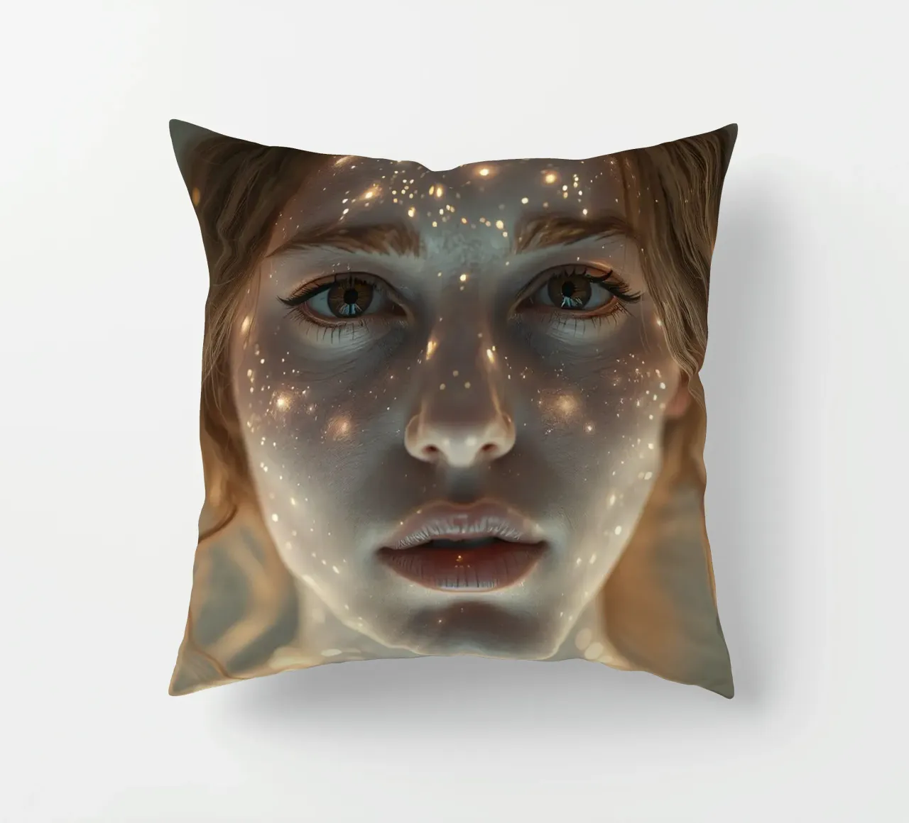Un ritratto di donna con una proiezione di luce stellare su di lei cuscino da DesignDoodle