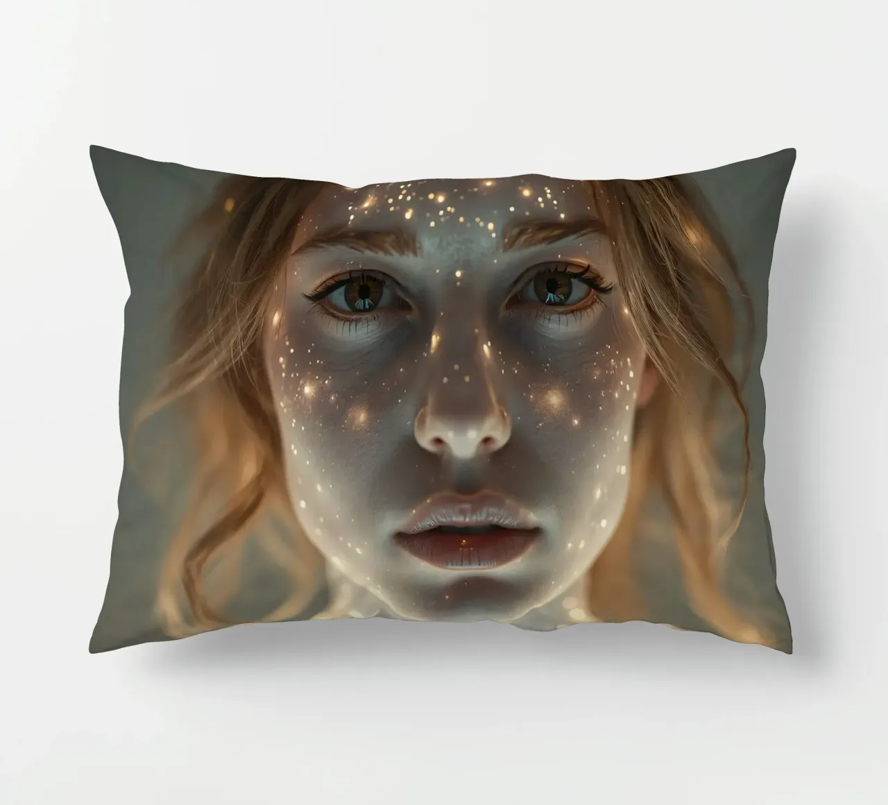 Un ritratto di donna con una proiezione di luce stellare su di lei cuscino da DesignDoodle