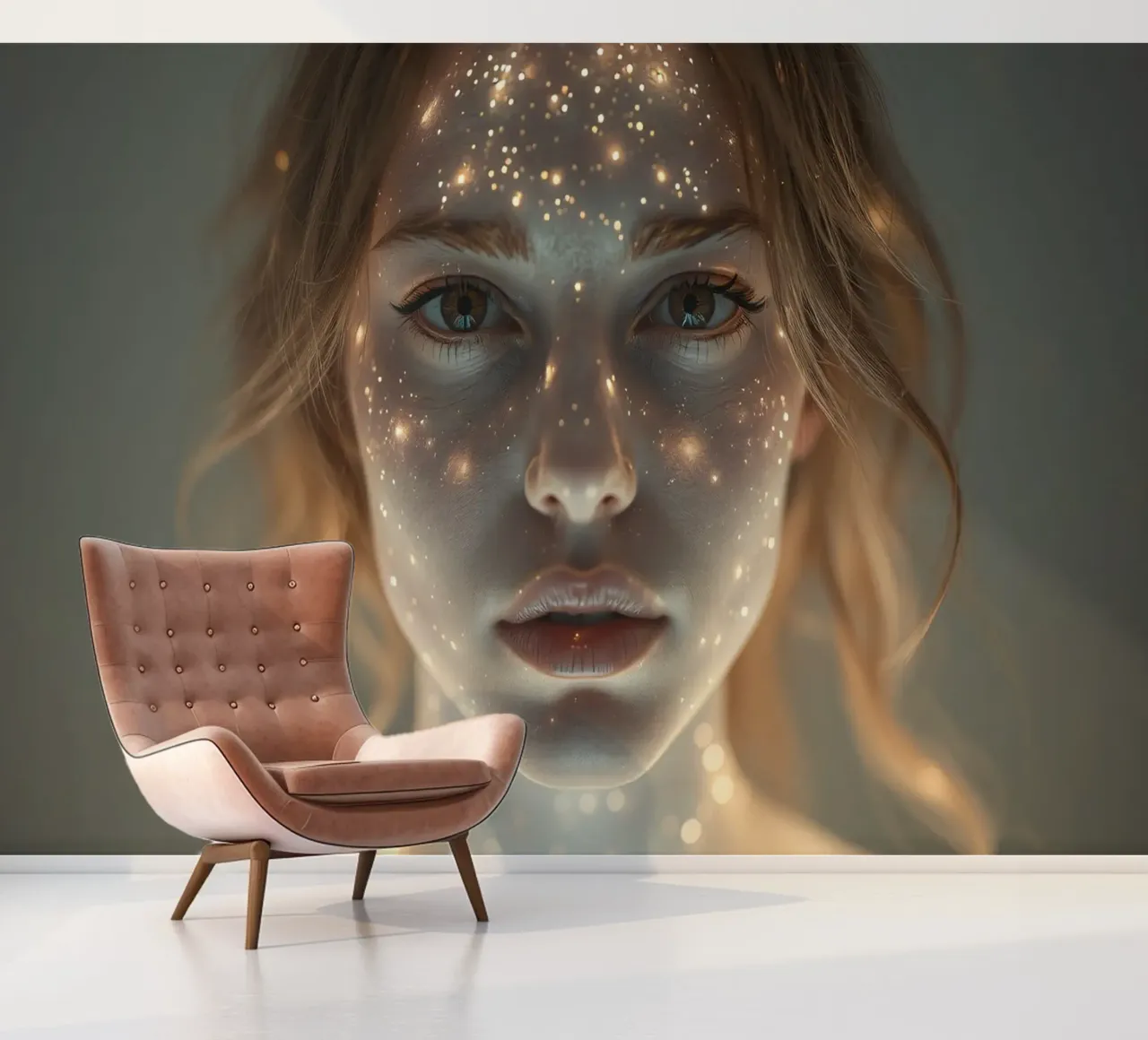 Portrait d'une femme avec une projection de lumière étoilée sur elle papier peint photo de DesignDoodle
