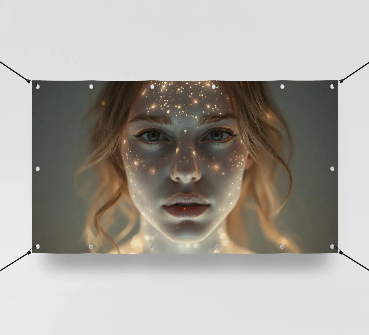 Un ritratto di donna con una proiezione di luce stellare su di lei telo in pvc da DesignDoodle