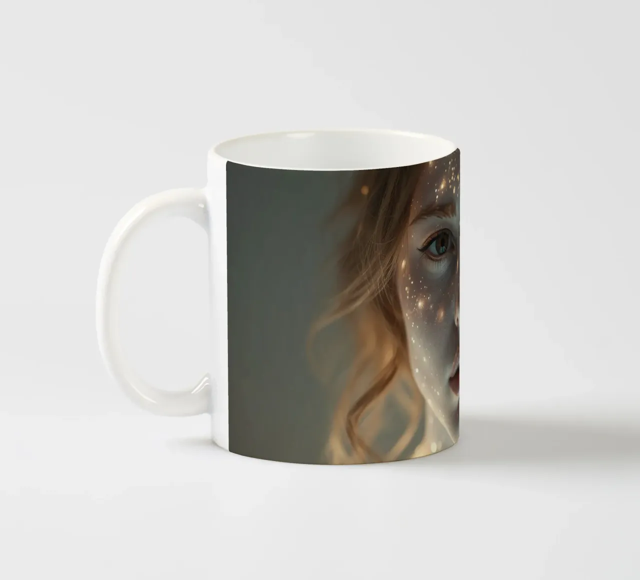 Un ritratto di donna con una proiezione di luce stellare su di lei tazza in ceramica da DesignDoodle