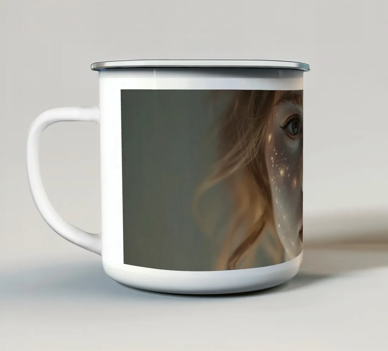 Un ritratto di donna con una proiezione di luce stellare su di lei tazza in smalto da DesignDoodle