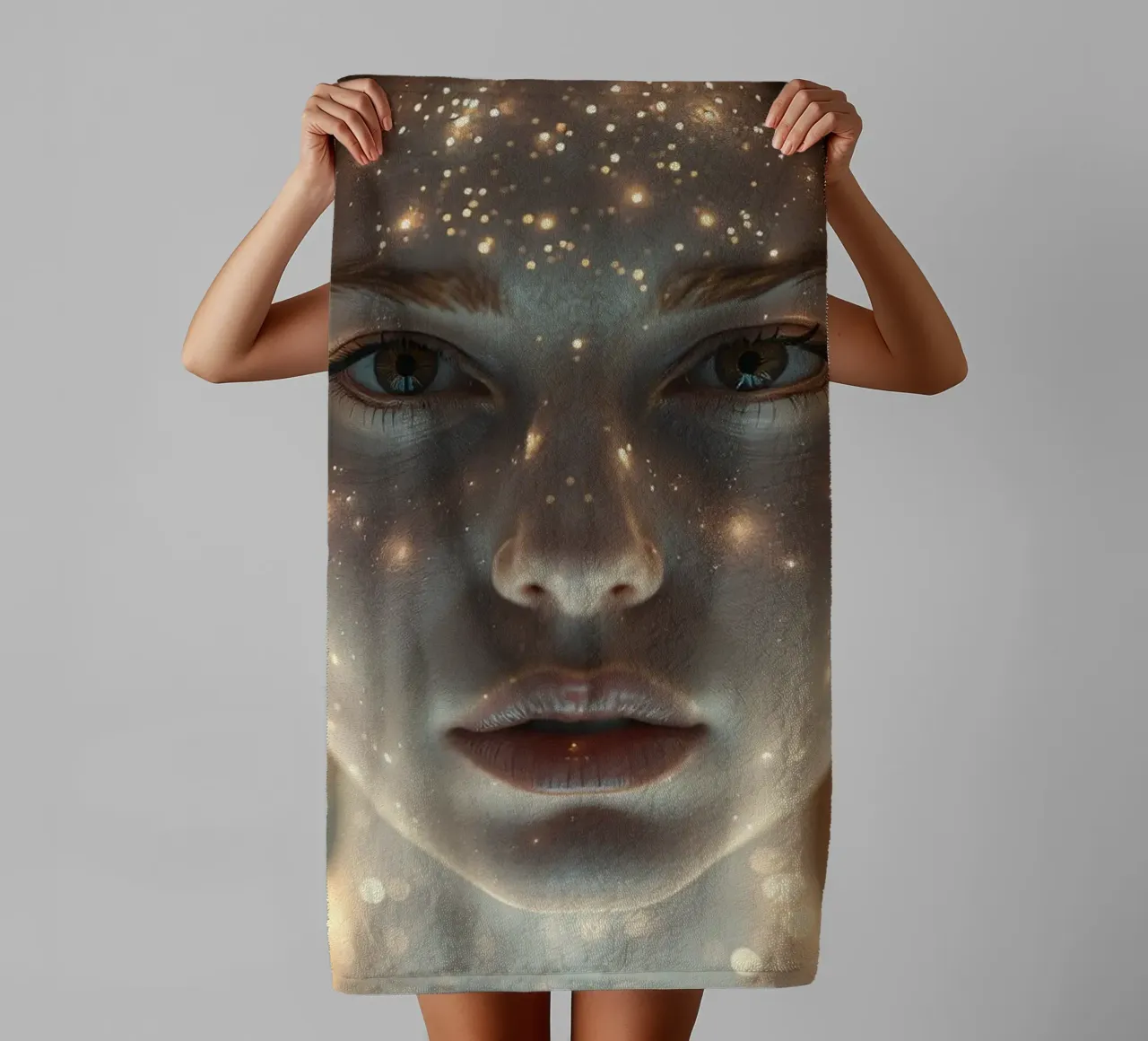 Un ritratto di donna con una proiezione di luce stellare su di lei asciugamano da bagno da DesignDoodle