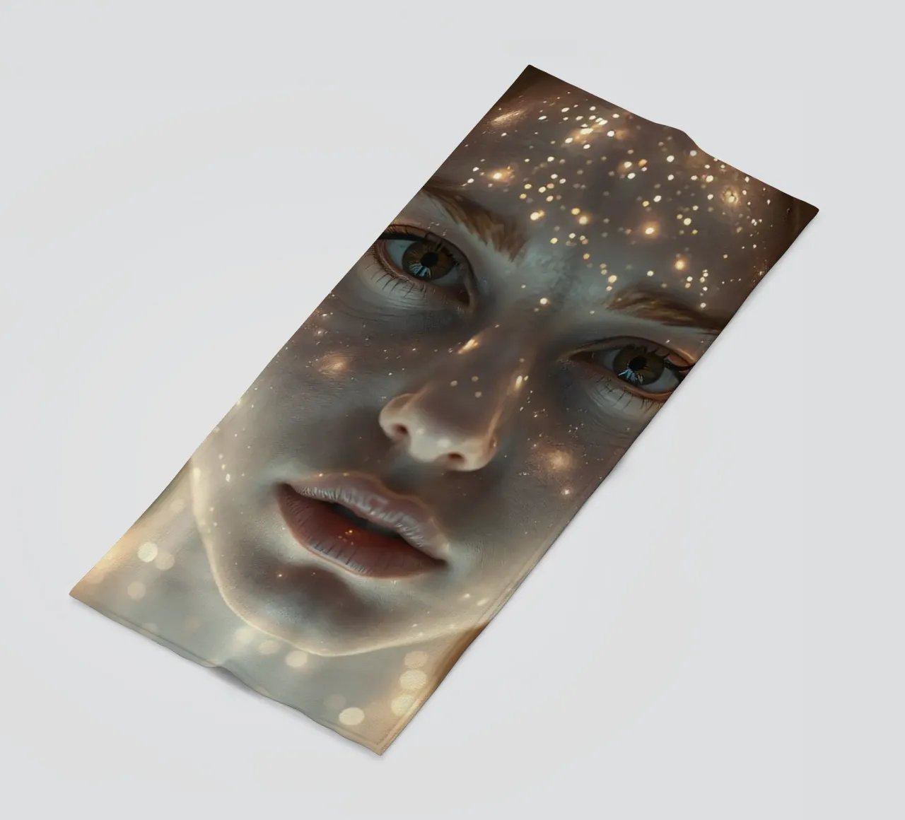 Un ritratto di donna con una proiezione di luce stellare su di lei telo mare da DesignDoodle