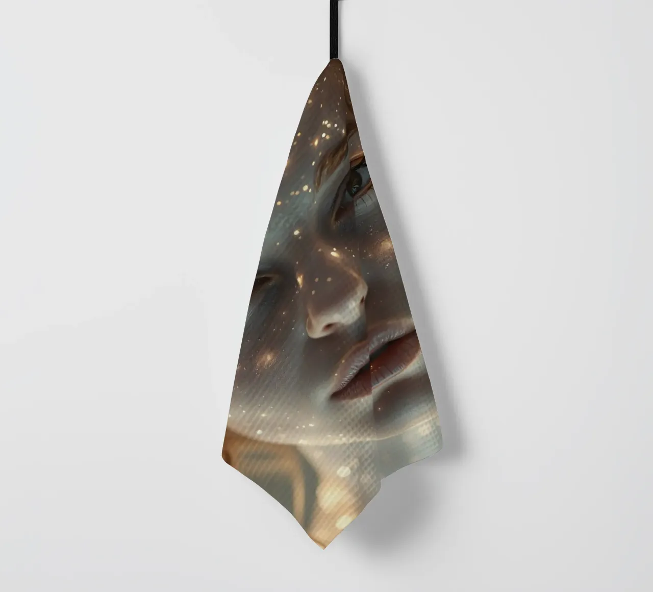 Un ritratto di donna con una proiezione di luce stellare su di lei canovaccio da cucina da DesignDoodle