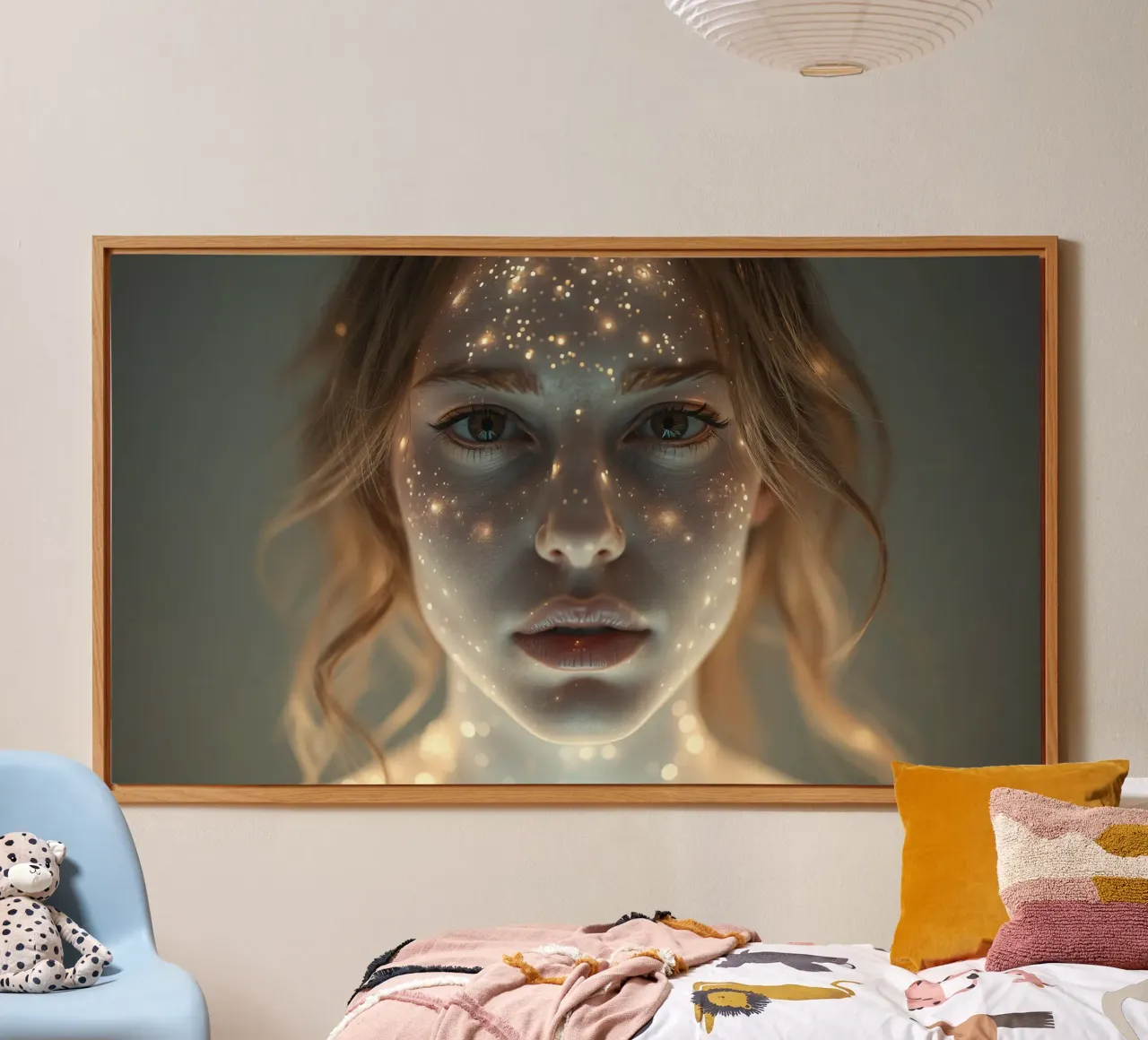 Un ritratto di donna con una proiezione di luce stellare su di lei alluminio dibond da DesignDoodle