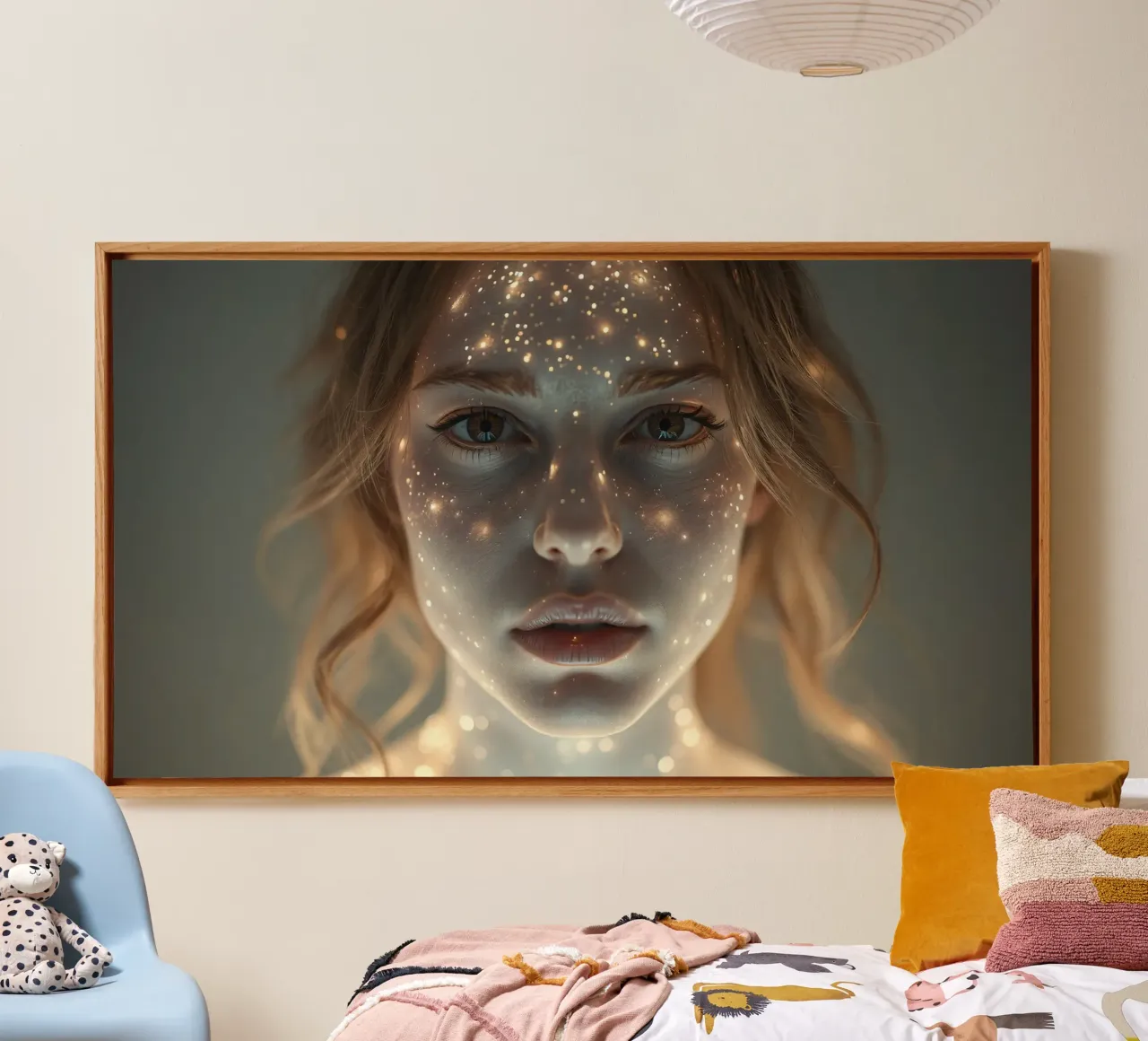 Porträt einer Frau mit einer sternförmigen Lichtprojektion auf ihr Leinwand von DesignDoodle