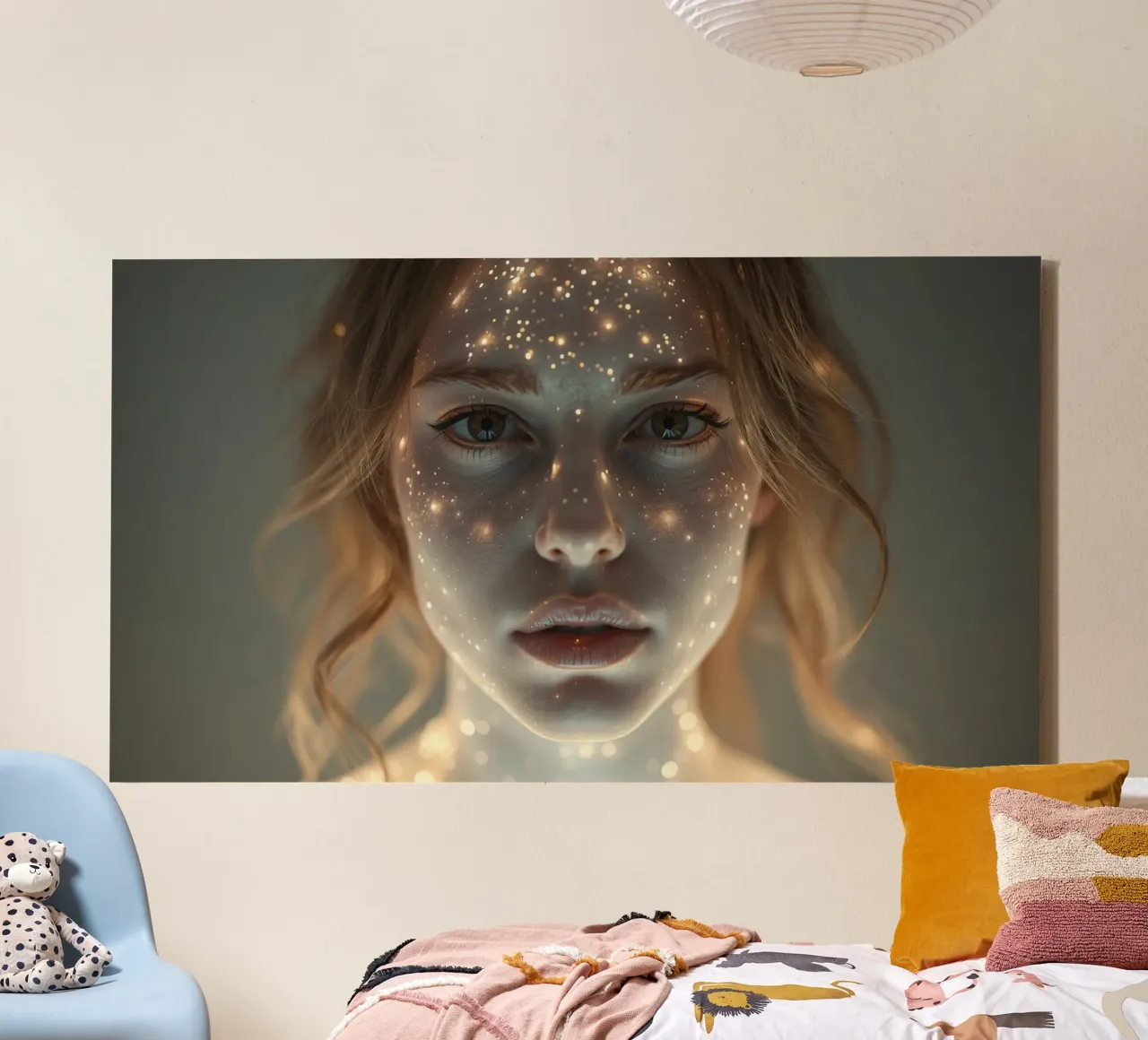 Porträt einer Frau mit einer sternförmigen Lichtprojektion auf ihr Leinwand von DesignDoodle