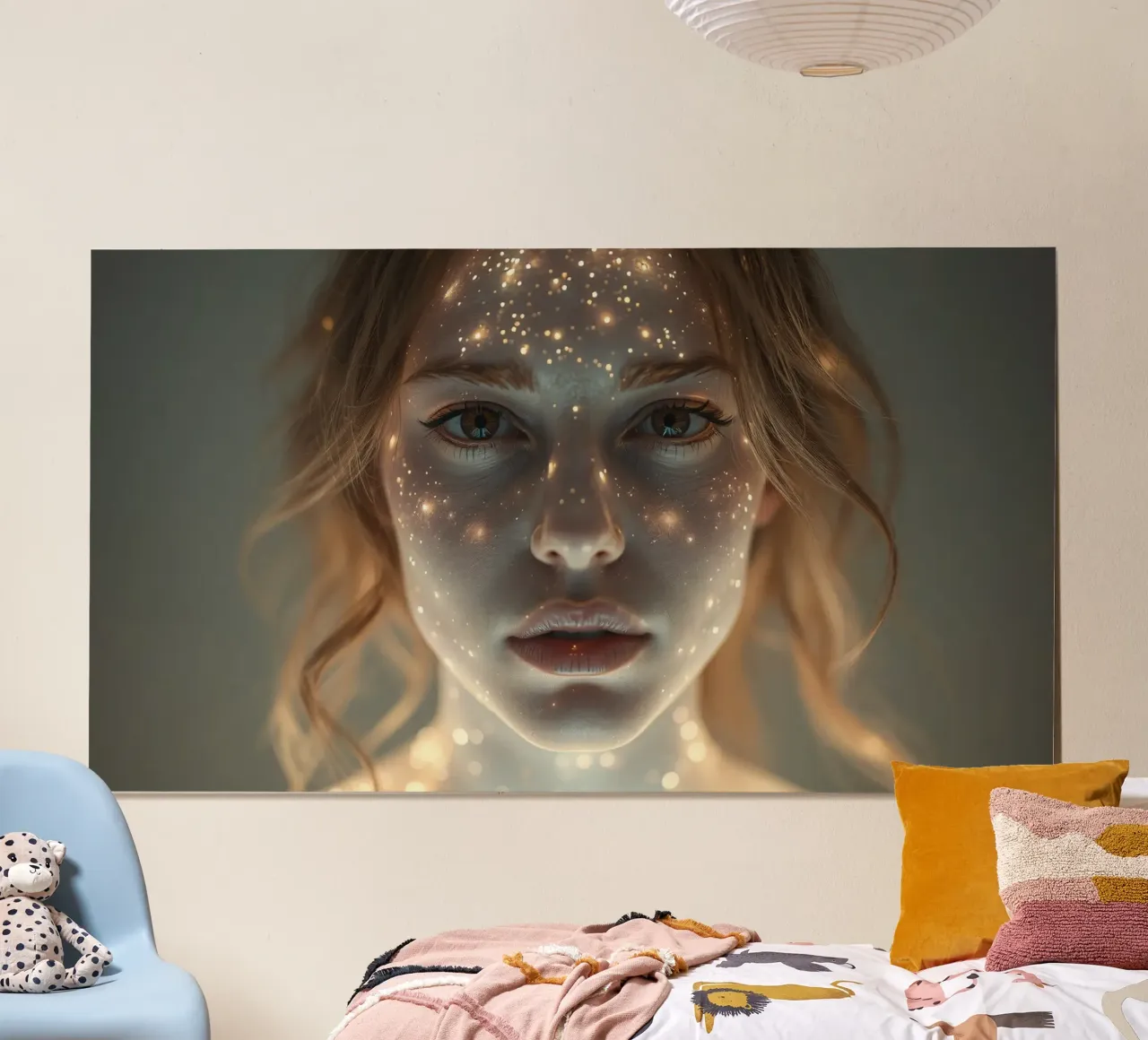 Un ritratto di donna con una proiezione di luce stellare su di lei carta hahnemühle da DesignDoodle