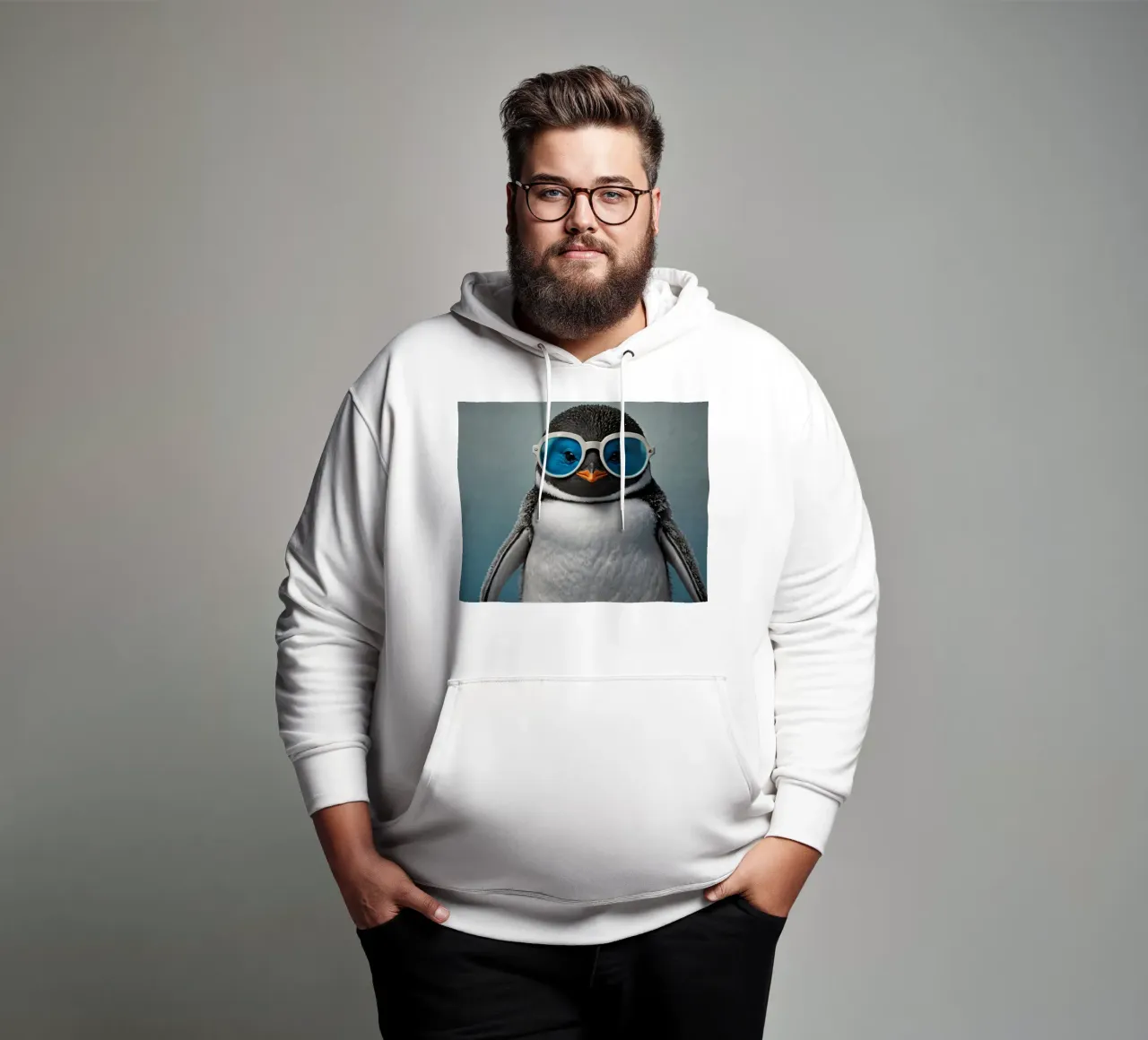 Un elegante pinguino che indossa occhiali da sole blu posa con sicurezza felpa con cappuccio da DesignDoodle