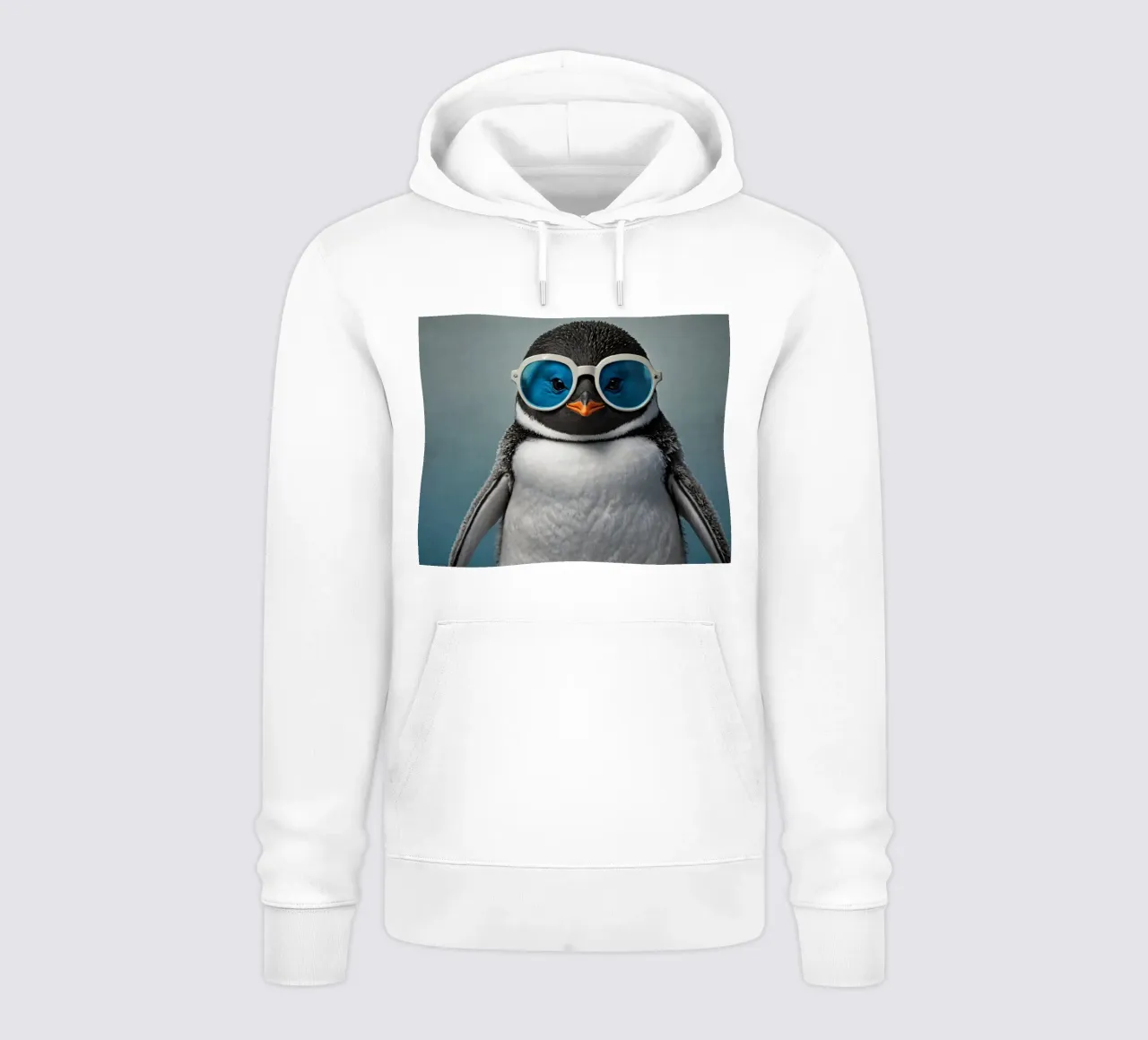 Un elegante pinguino che indossa occhiali da sole blu posa con sicurezza felpa con cappuccio da DesignDoodle