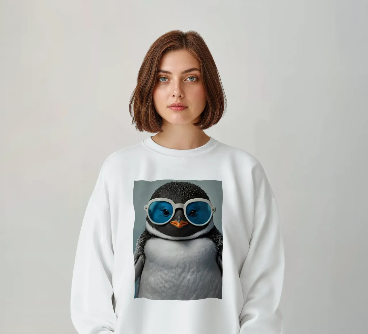Un elegante pinguino che indossa occhiali da sole blu posa con sicurezza felpa da DesignDoodle