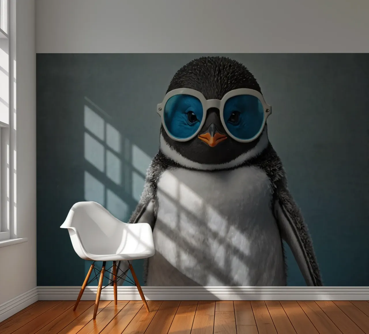 Un elegante pinguino che indossa occhiali da sole blu posa con sicurezza carta da parati fotografica da DesignDoodle