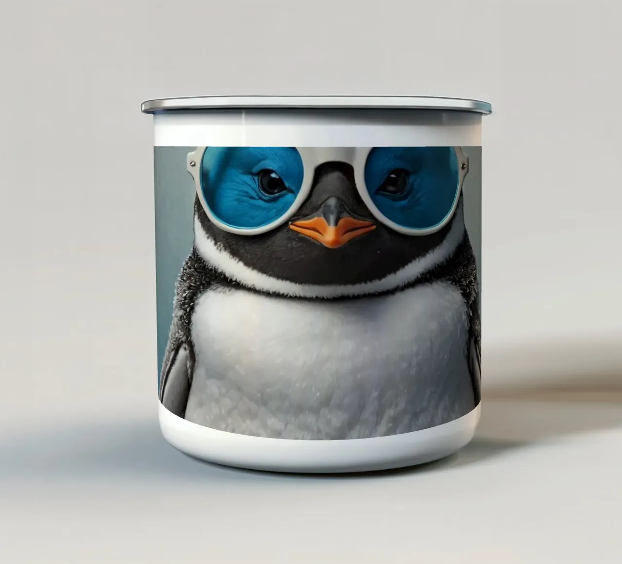 Un elegante pinguino che indossa occhiali da sole blu posa con sicurezza tazza in smalto da DesignDoodle