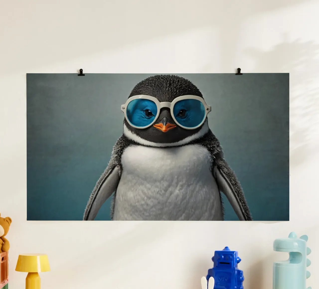Un elegante pinguino che indossa occhiali da sole blu posa con sicurezza poster con telaio in alluminio da DesignDoodle