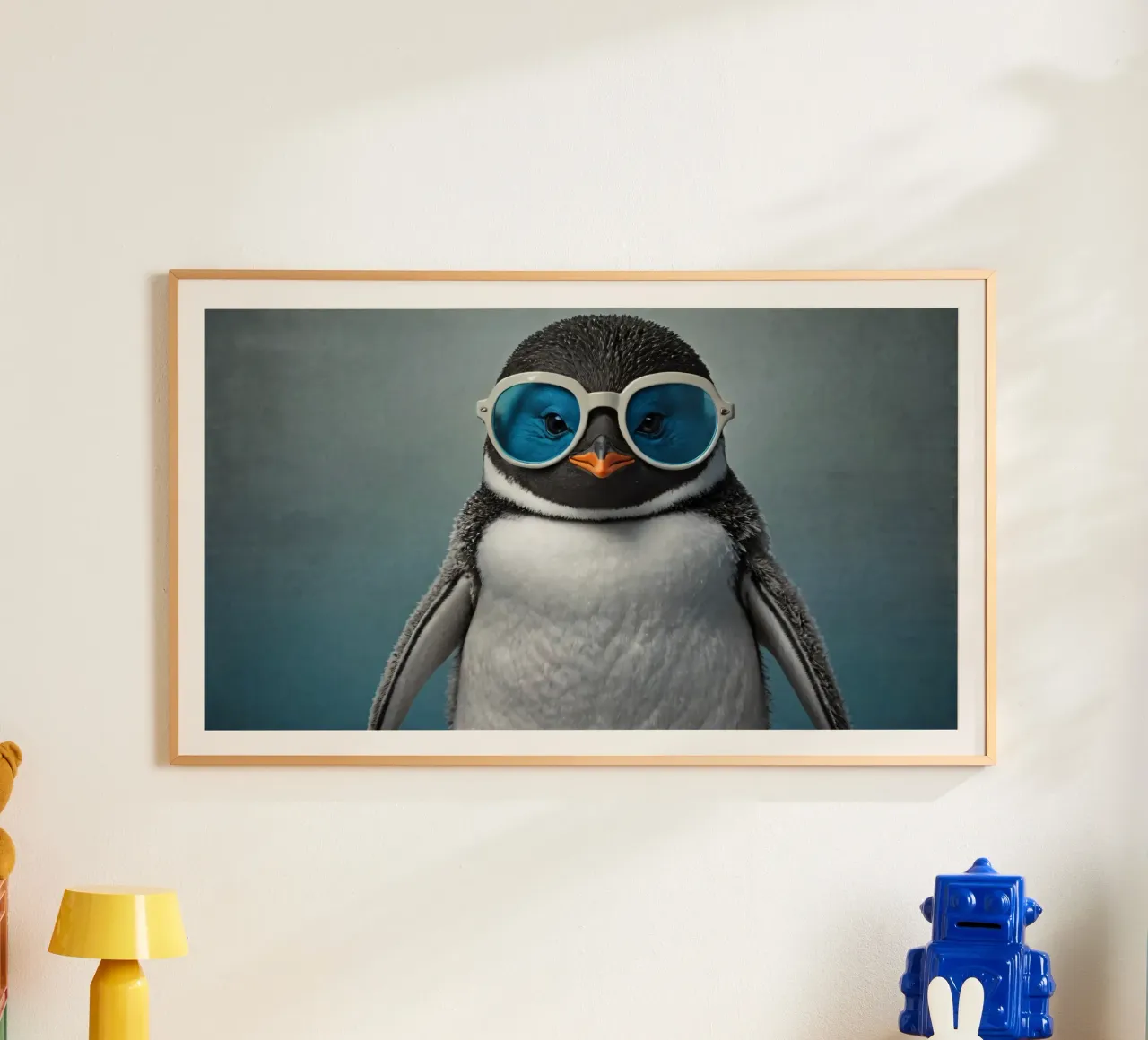 Un elegante pinguino che indossa occhiali da sole blu posa con sicurezza poster con telaio in alluminio da DesignDoodle
