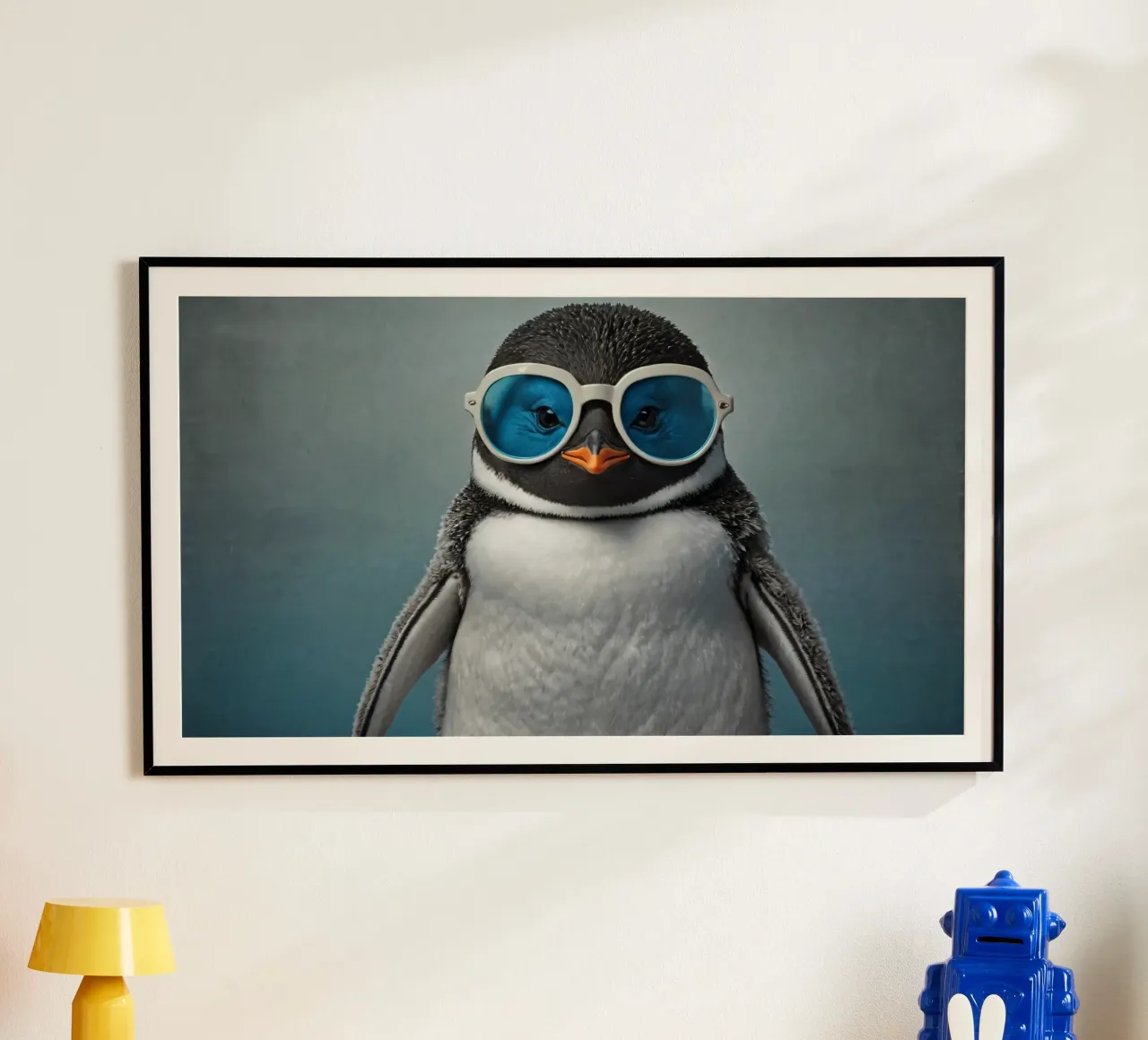 Un elegante pinguino che indossa occhiali da sole blu posa con sicurezza poster con telaio in alluminio da DesignDoodle