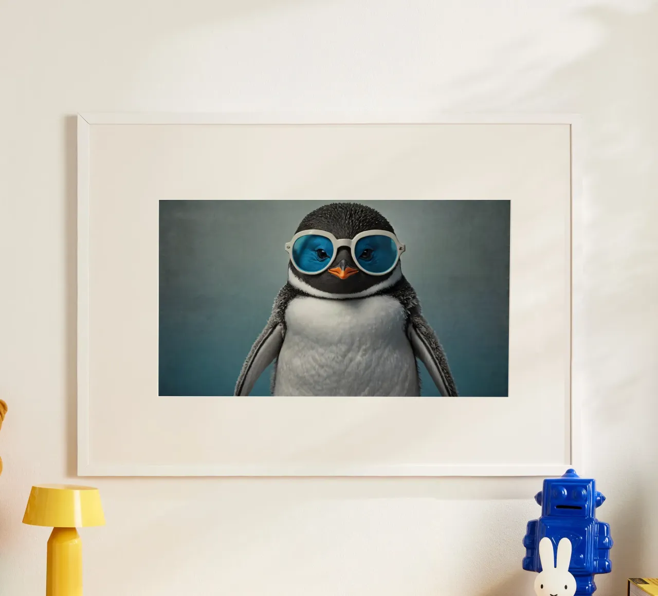 Un elegante pinguino che indossa occhiali da sole blu posa con sicurezza poster con telaio in alluminio da DesignDoodle