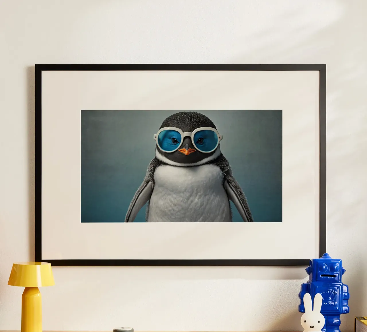 Un elegante pinguino che indossa occhiali da sole blu posa con sicurezza poster con telaio in alluminio da DesignDoodle