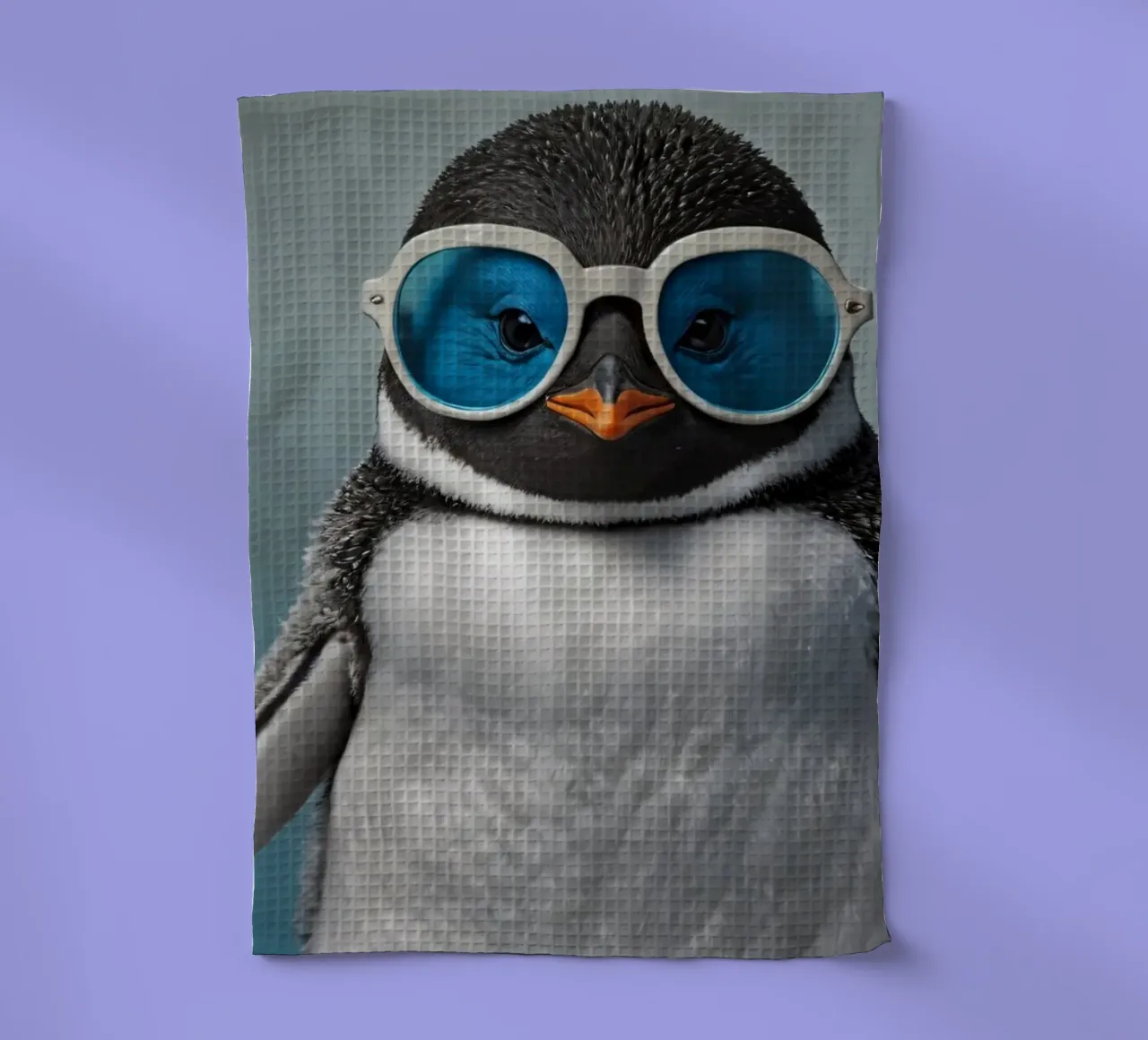 Un pingouin élégant portant des lunettes de soleil bleues pose avec assurance. torchon de DesignDoodle
