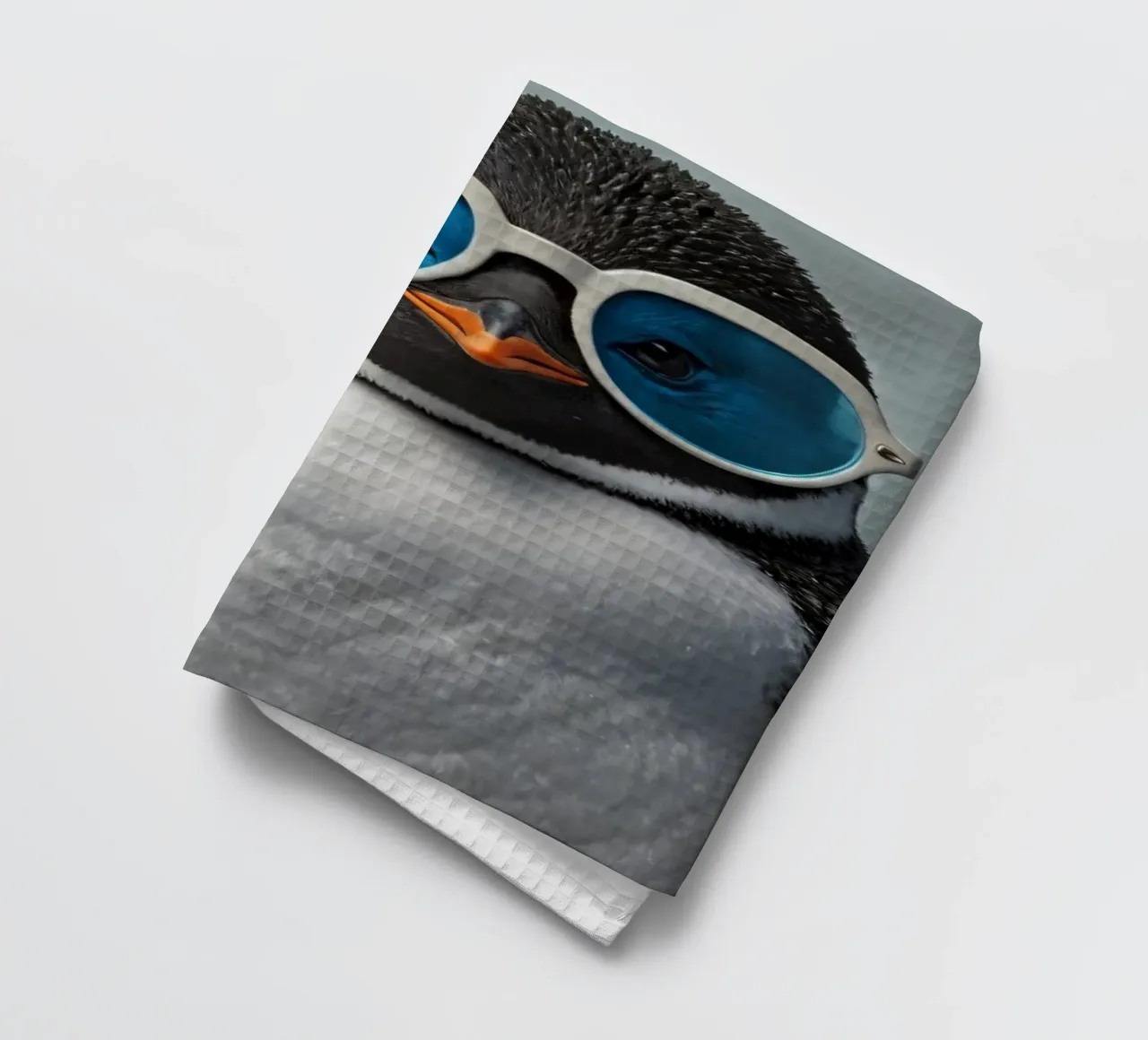 Un pingouin élégant portant des lunettes de soleil bleues pose avec assurance. torchon de DesignDoodle