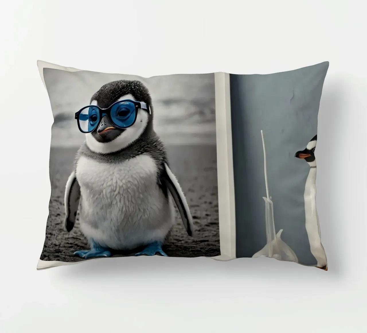 Un simpatico pinguino con gli occhiali blu è in piedi accanto a una decorazione cuscino da DesignDoodle