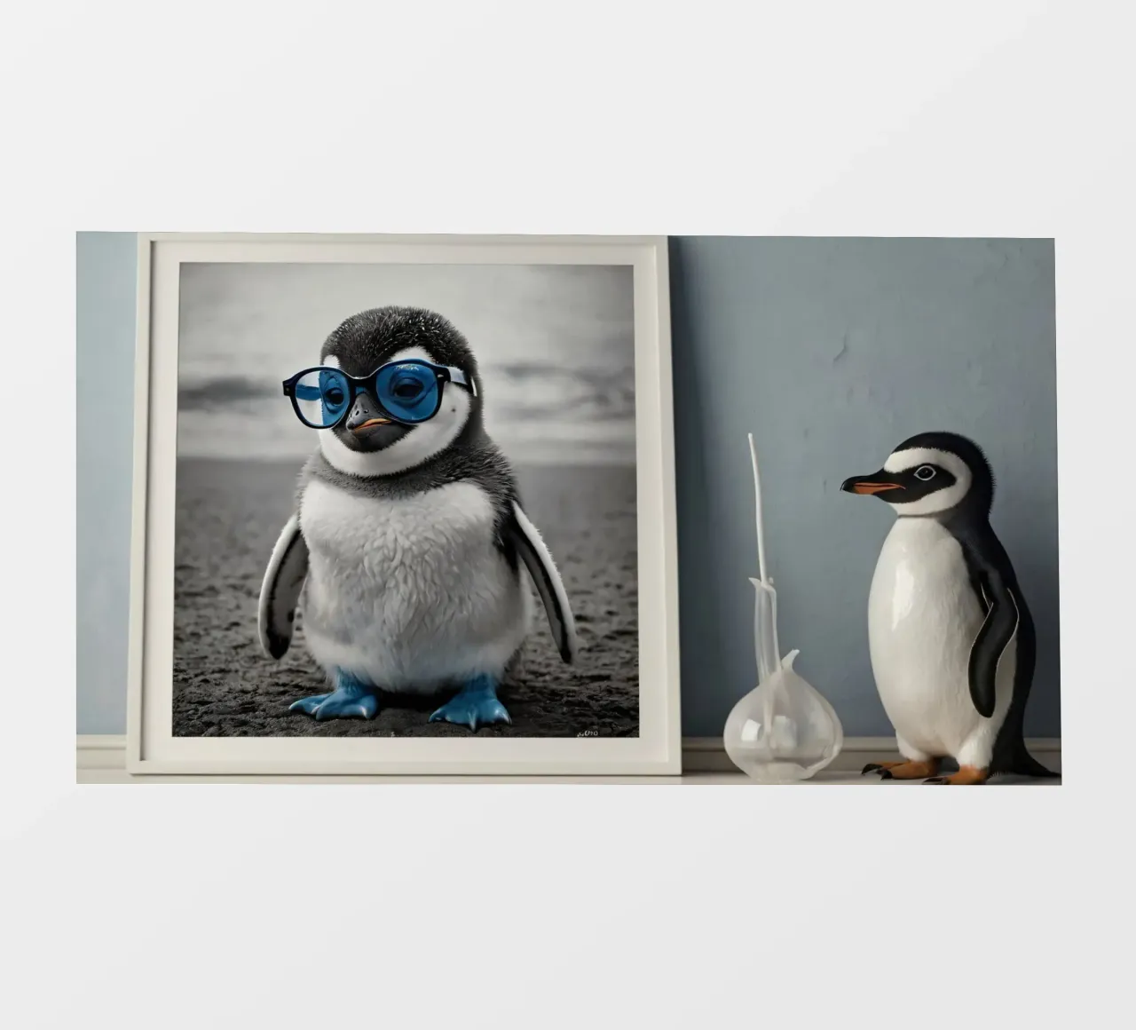 Un simpatico pinguino con gli occhiali blu è in piedi accanto a una decorazione pellicola backlit da DesignDoodle