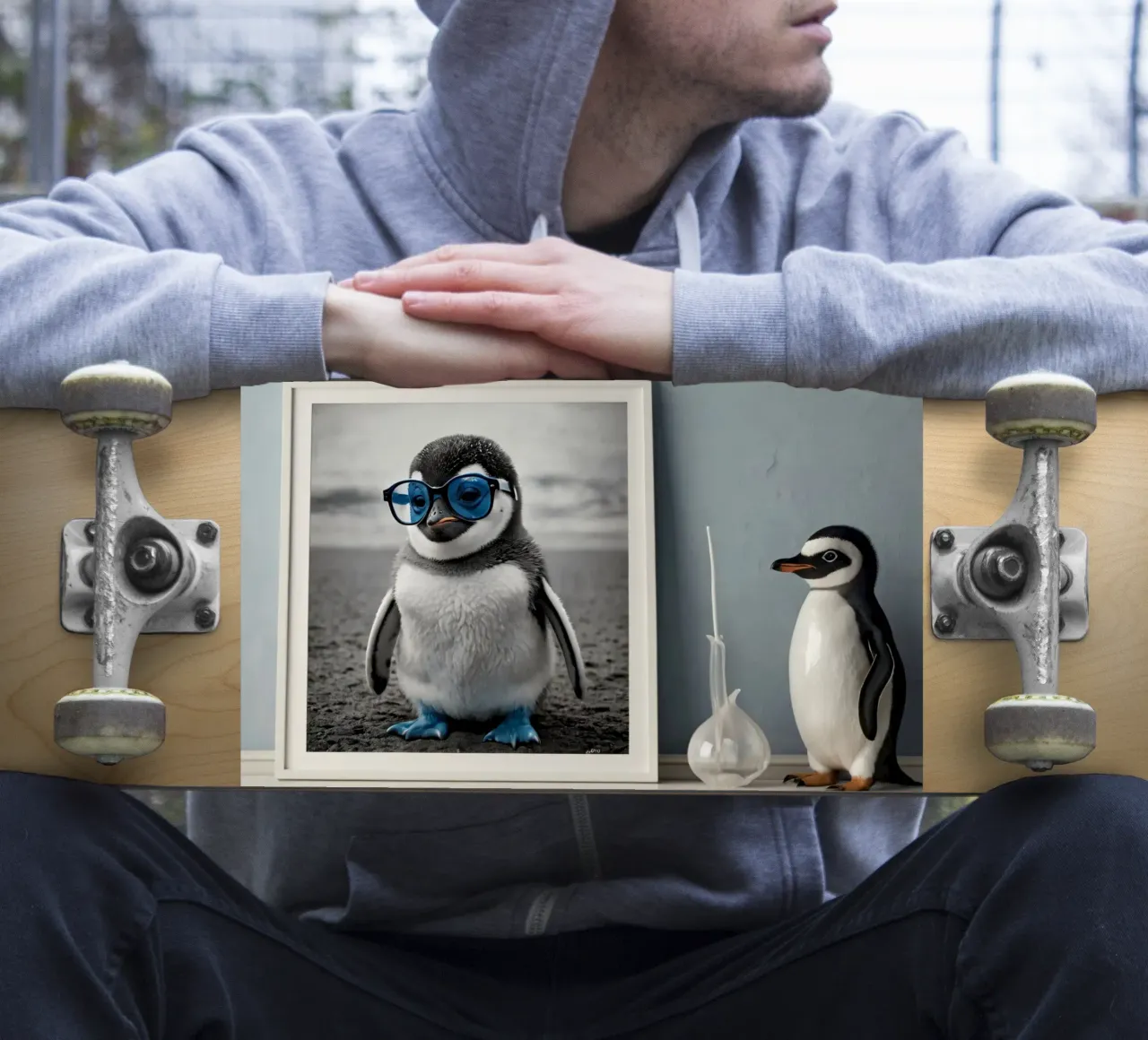 Un mignon pingouin portant des lunettes bleues se tient à côté d'un objet décoratif. autocollant de DesignDoodle