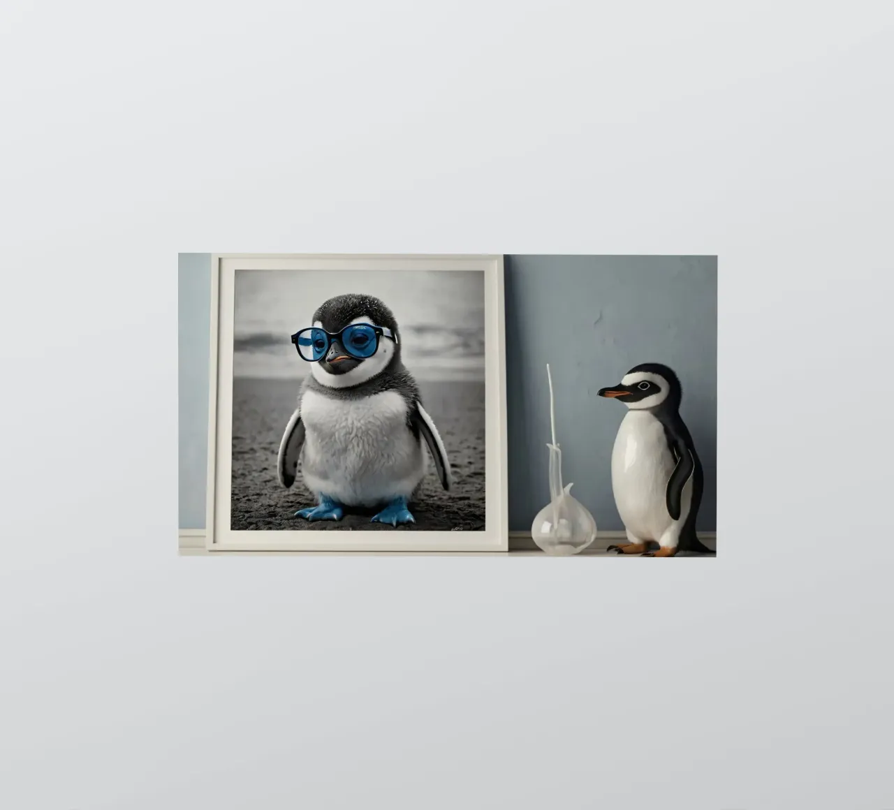 Un mignon pingouin portant des lunettes bleues se tient à côté d'un objet décoratif. autocollant de DesignDoodle