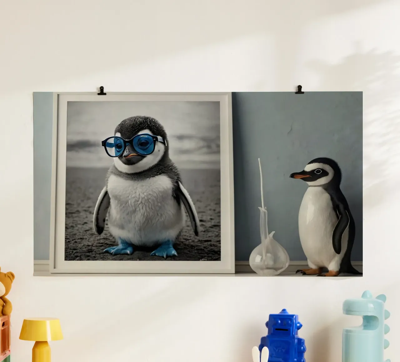 Un simpatico pinguino con gli occhiali blu è in piedi accanto a una decorazione carta hahnemühle da DesignDoodle