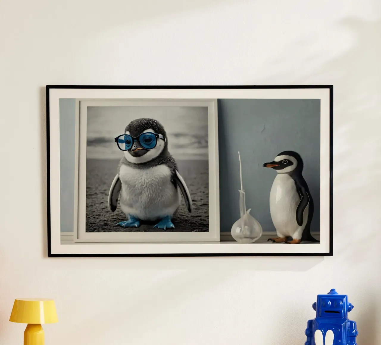 Un simpatico pinguino con gli occhiali blu è in piedi accanto a una decorazione carta hahnemühle da DesignDoodle