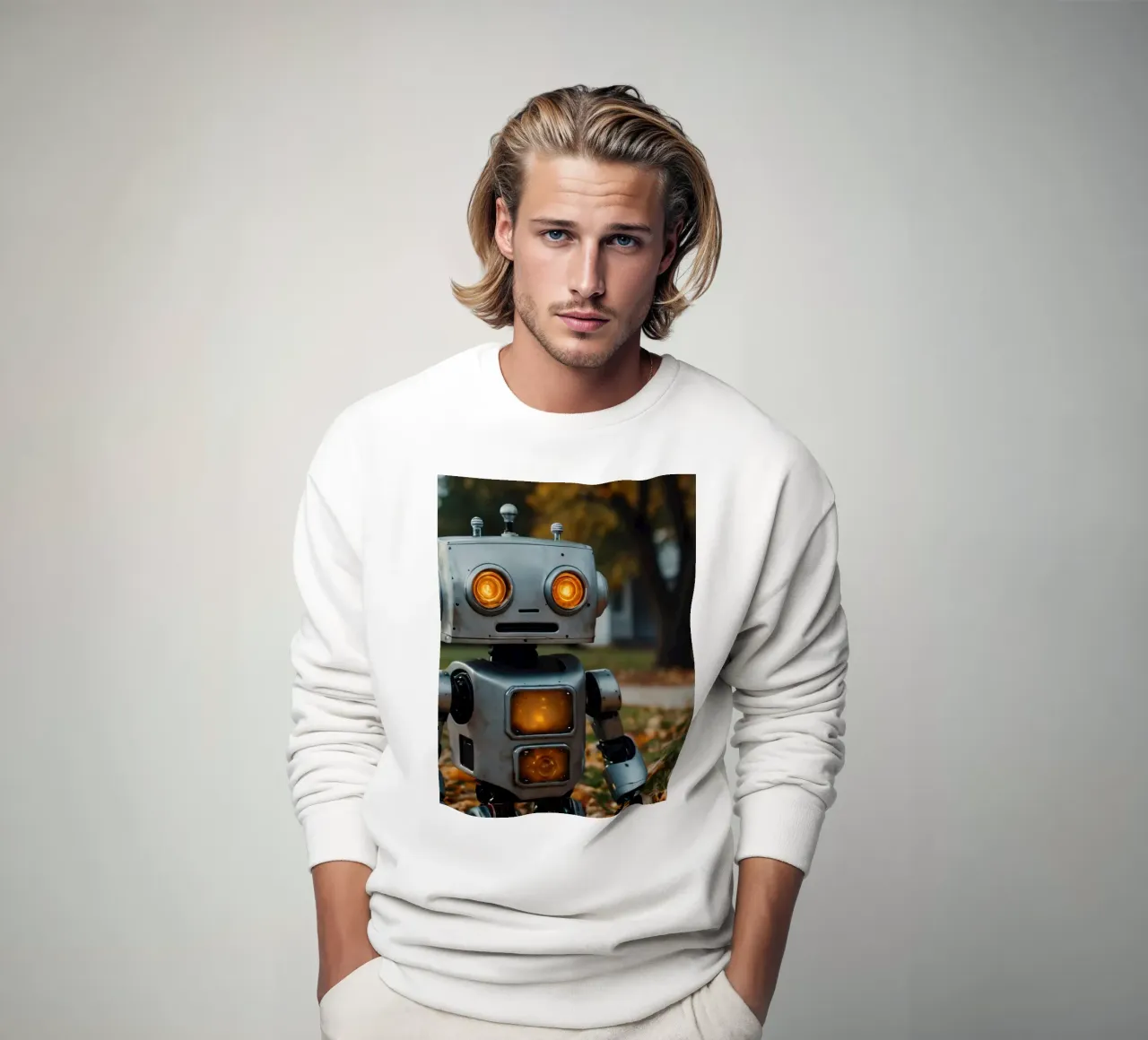 Un robot antiguo junto a una calabaza tallada en otoño sudadera de DesignDoodle