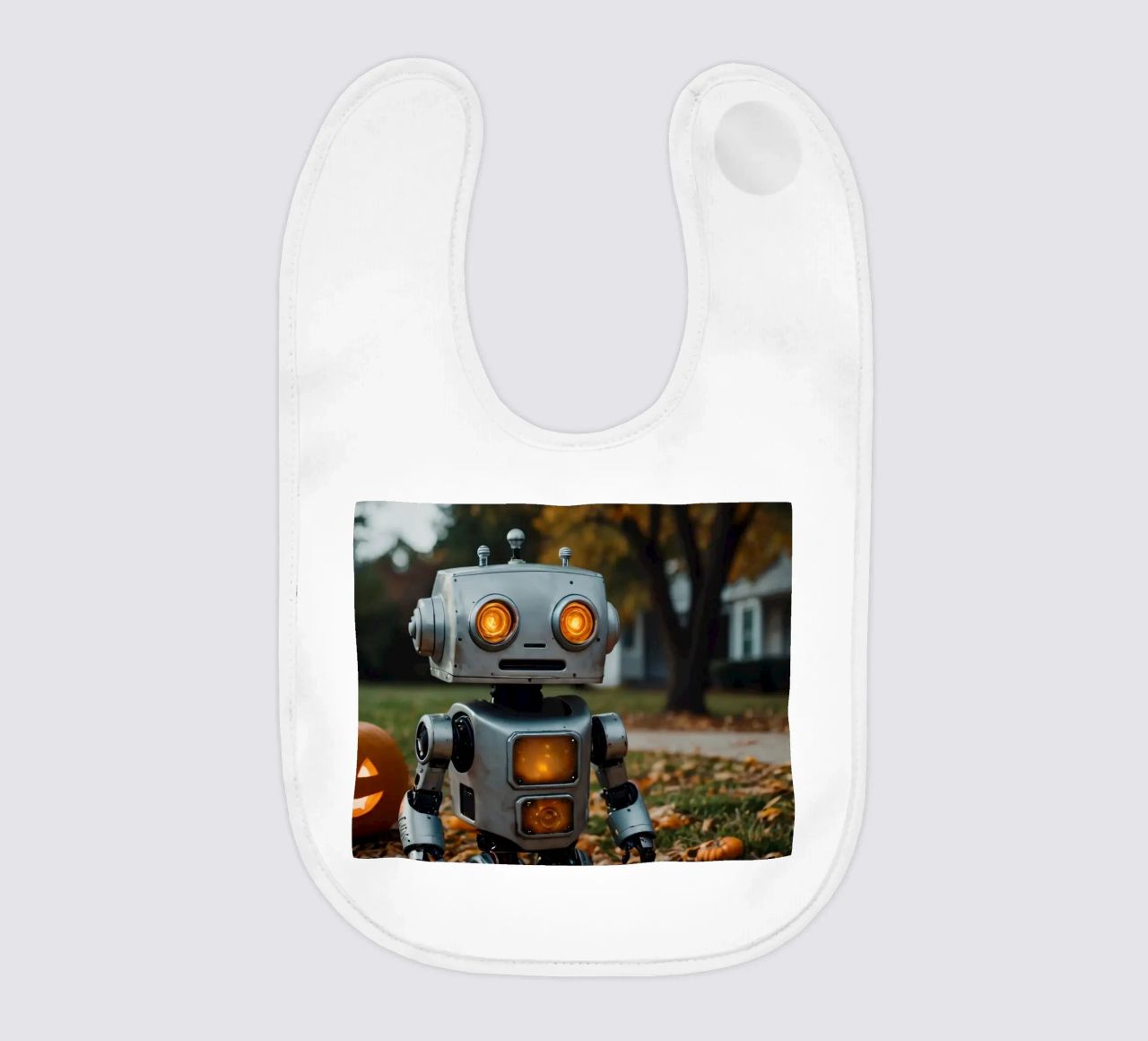Un robot vintage si trova accanto a una zucca intagliata durante l'autunno bavaglino da DesignDoodle