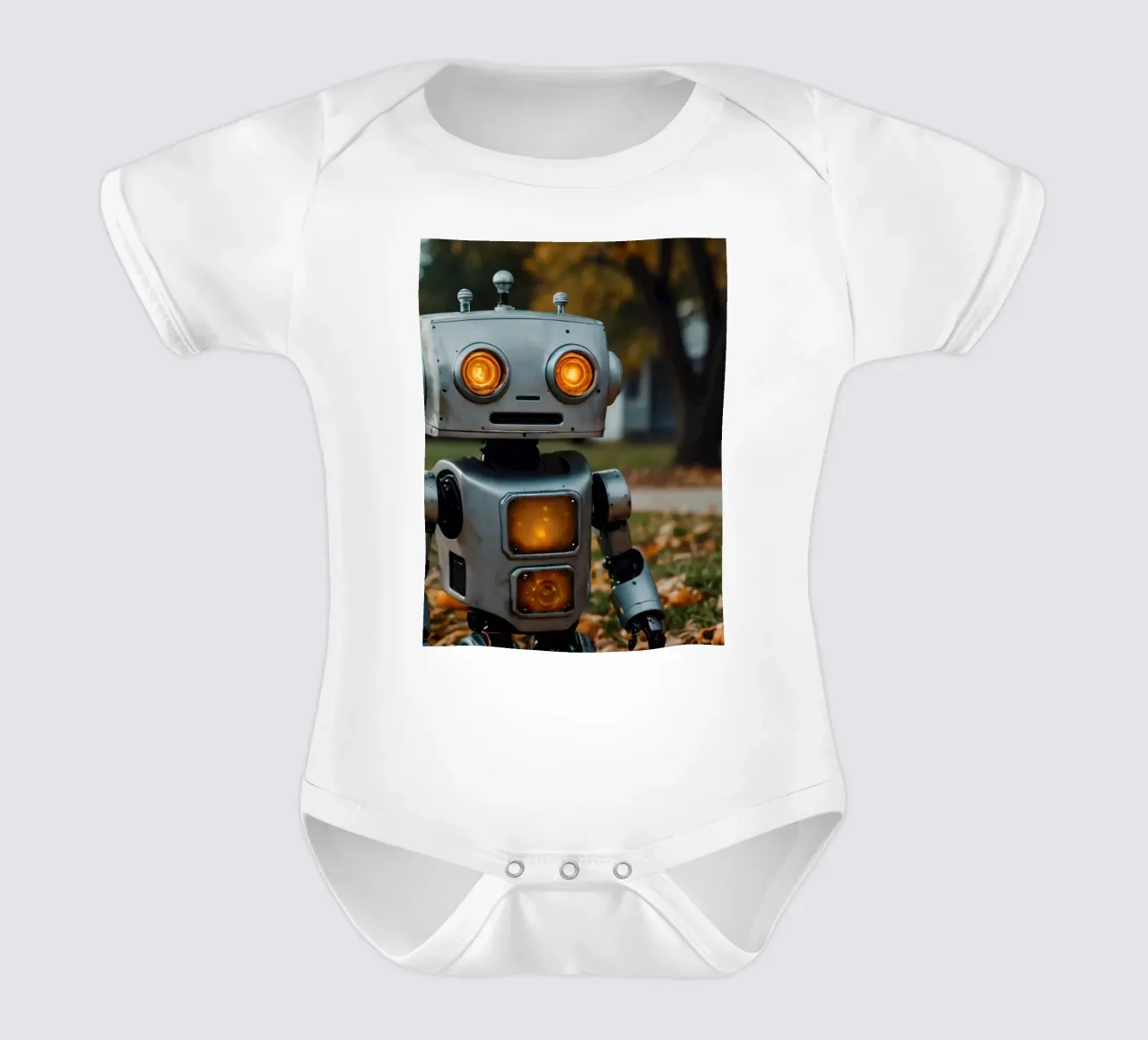 Un robot vintage si trova accanto a una zucca intagliata durante l'autunno body neonato maniche corte da DesignDoodle