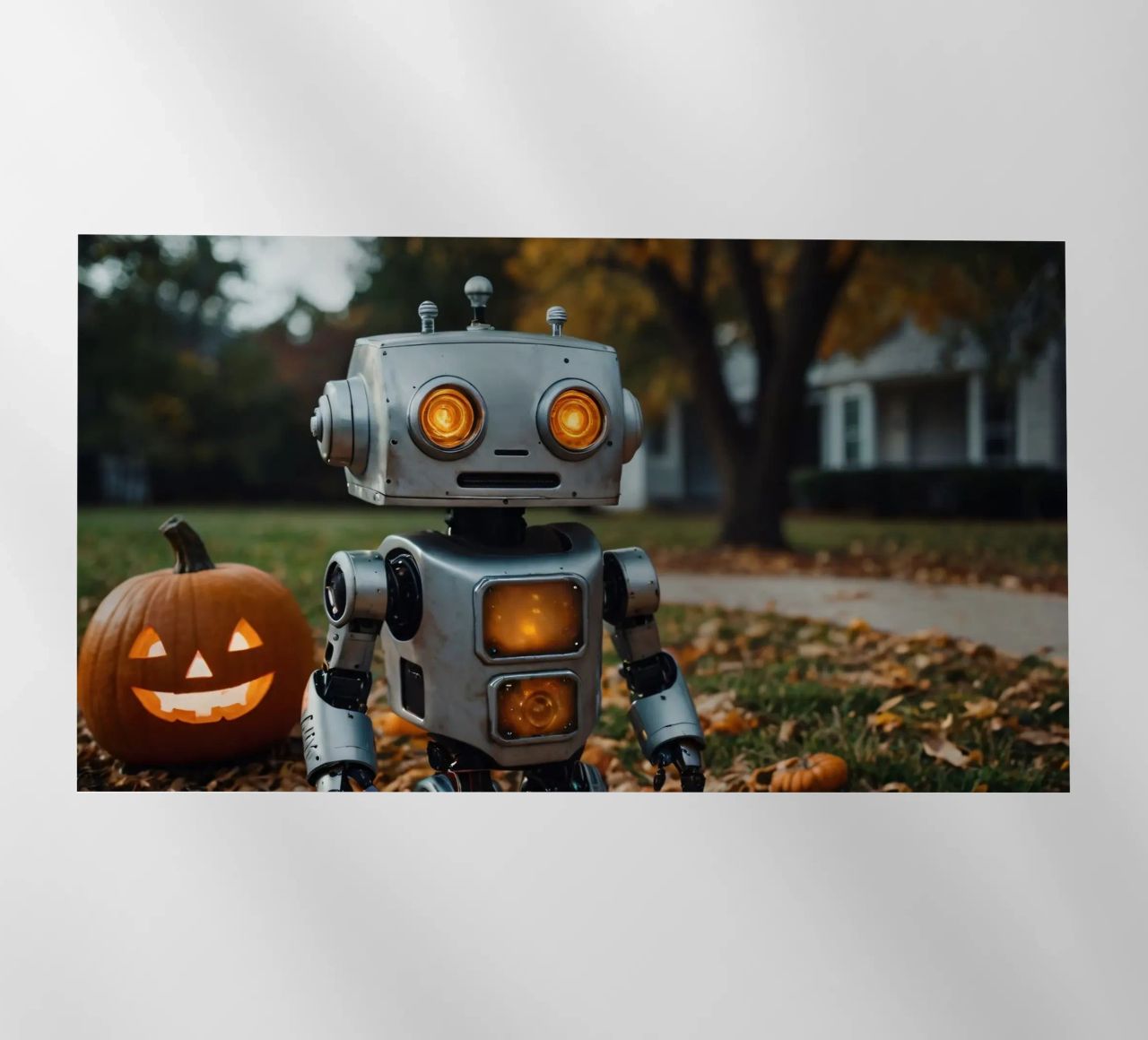 Un robot vintage si trova accanto a una zucca intagliata durante l'autunno pellicola backlit da DesignDoodle