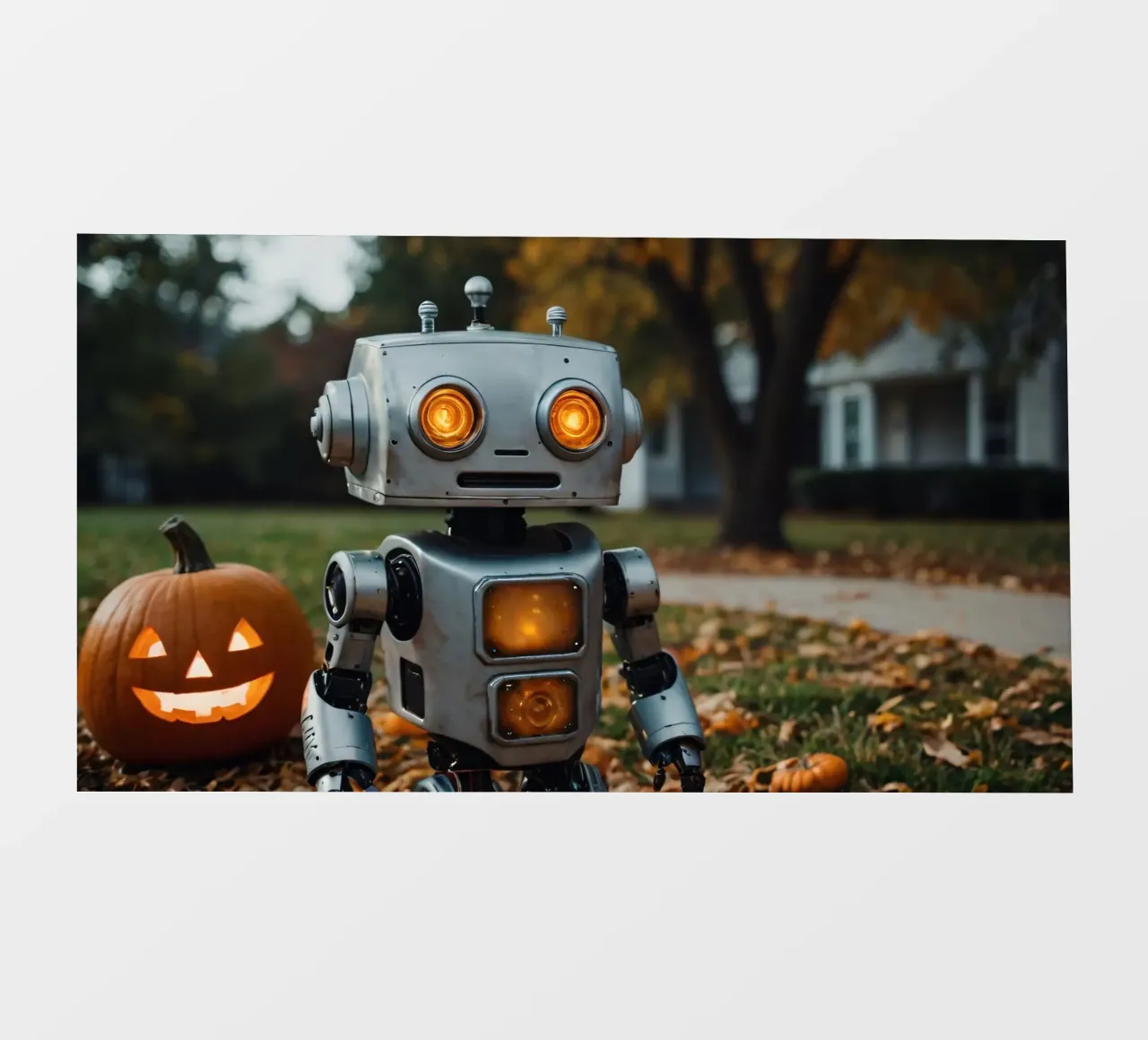Un robot vintage si trova accanto a una zucca intagliata durante l'autunno pellicola backlit da DesignDoodle
