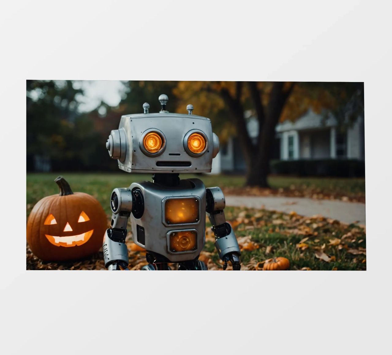Un robot vintage si trova accanto a una zucca intagliata durante l'autunno telo in pvc da DesignDoodle