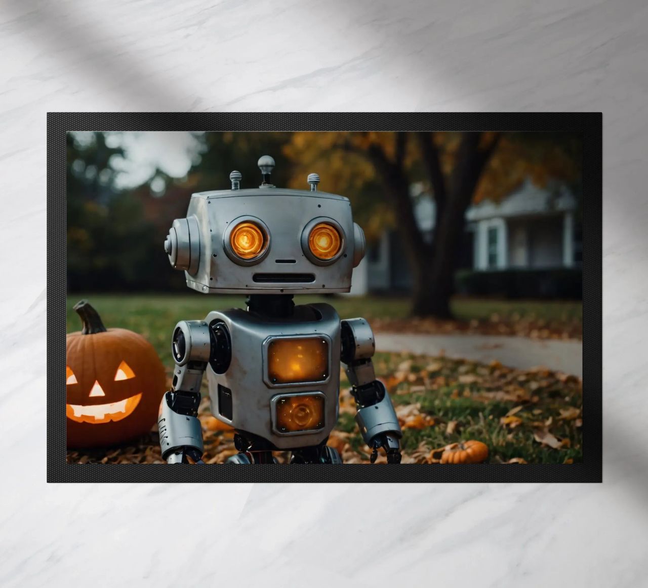 Un robot vintage si trova accanto a una zucca intagliata durante l'autunno zerbino da DesignDoodle