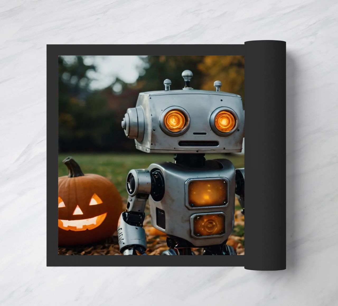 Un robot vintage si trova accanto a una zucca intagliata durante l'autunno zerbino da DesignDoodle
