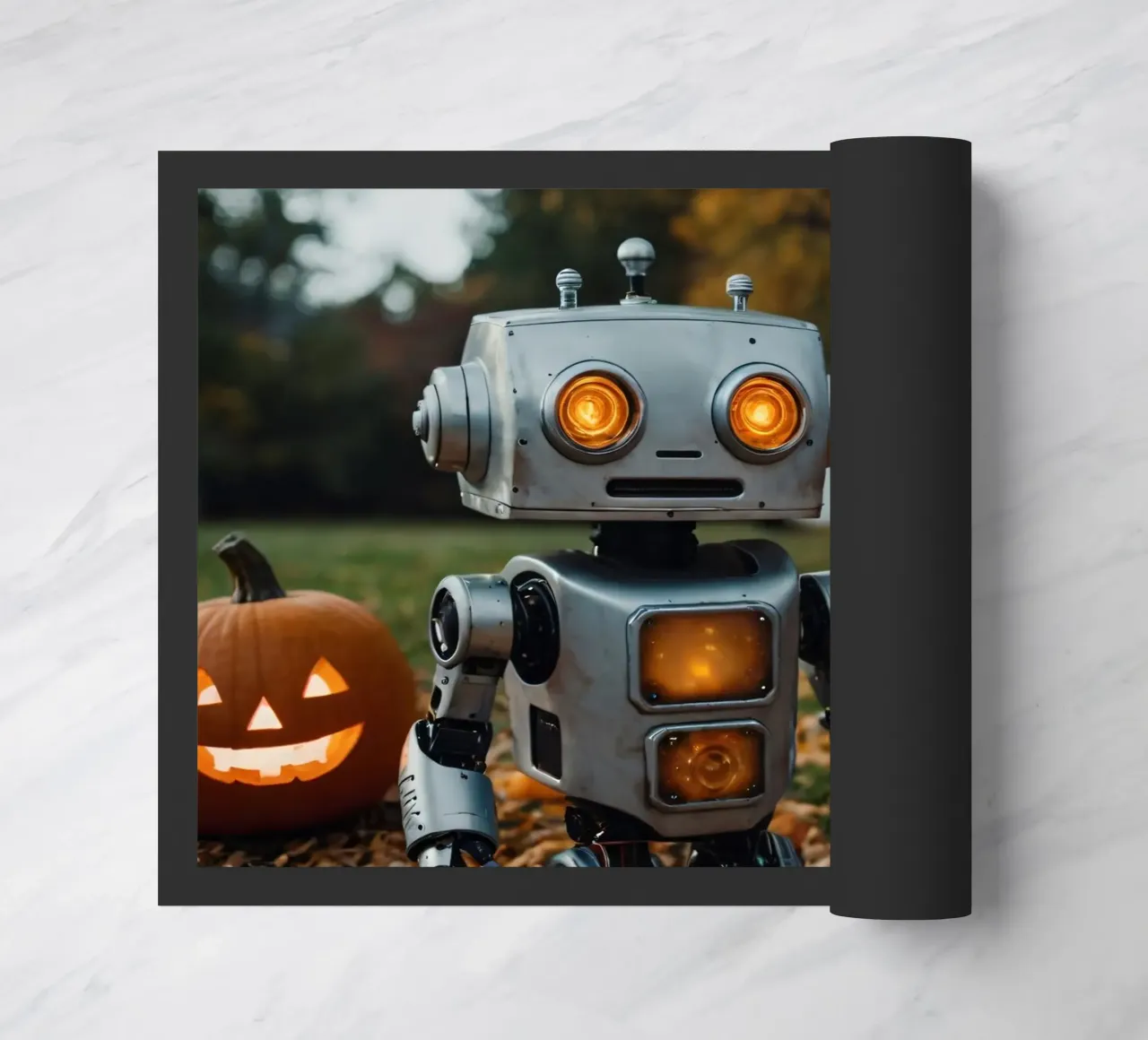 Un robot vintage si trova accanto a una zucca intagliata durante l'autunno zerbino da DesignDoodle