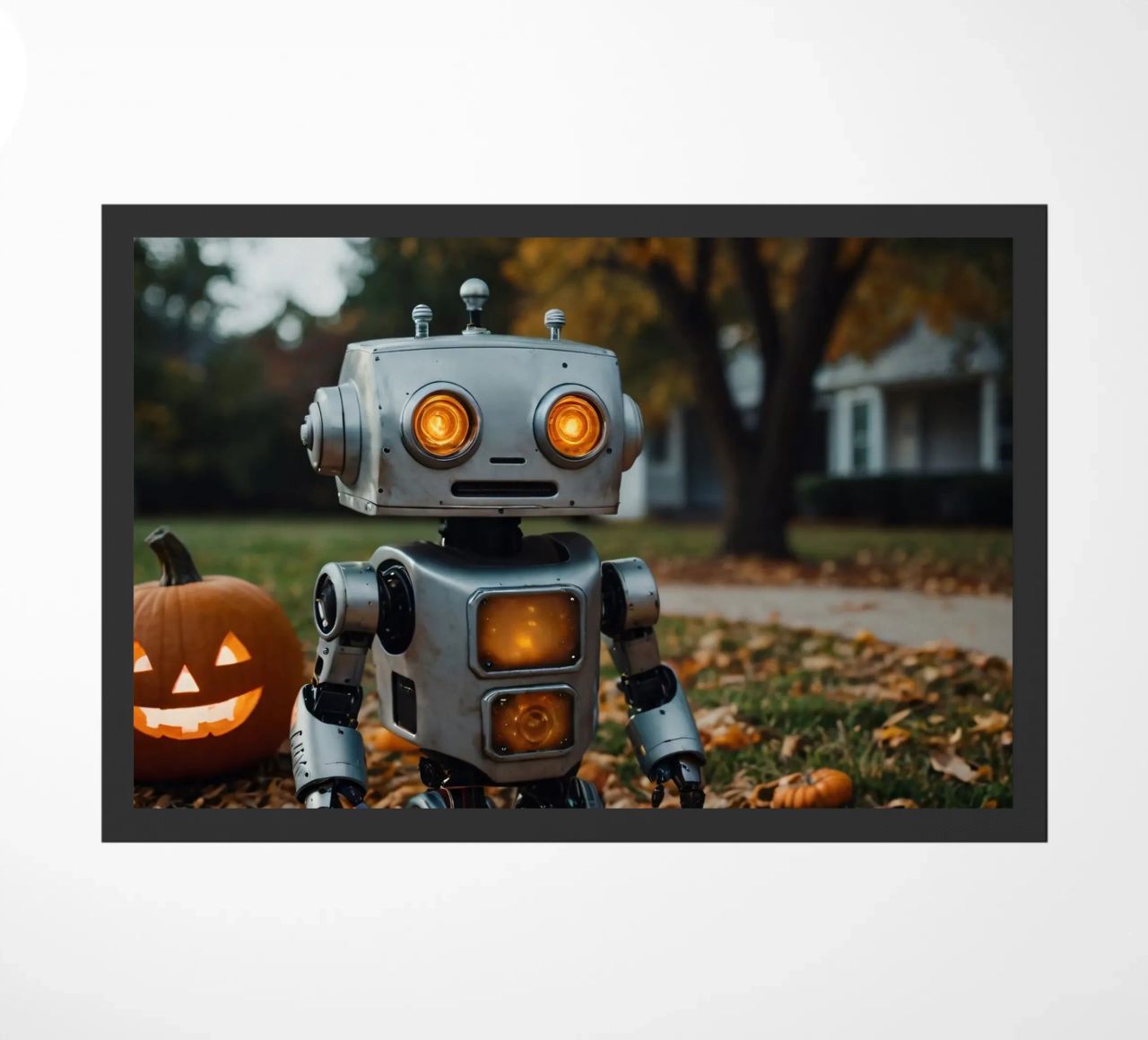 Un robot vintage si trova accanto a una zucca intagliata durante l'autunno zerbino da DesignDoodle