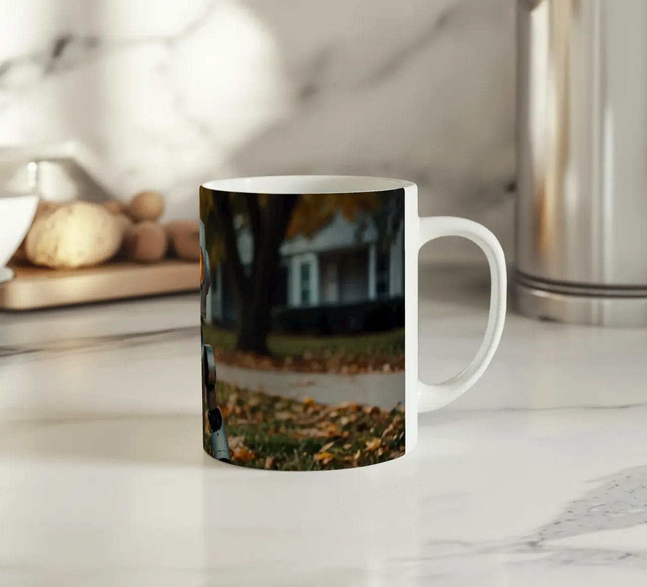 A vintage robot stands beside a carved pumpkin during autumn ceramic mug by DesignDoodle