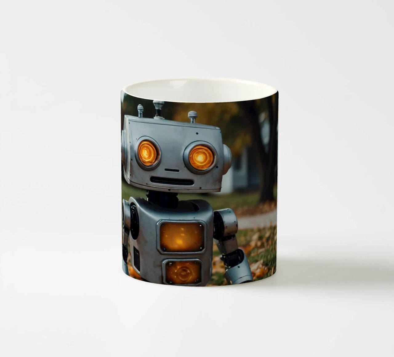 Un robot vintage si trova accanto a una zucca intagliata durante l'autunno tazza in ceramica da DesignDoodle