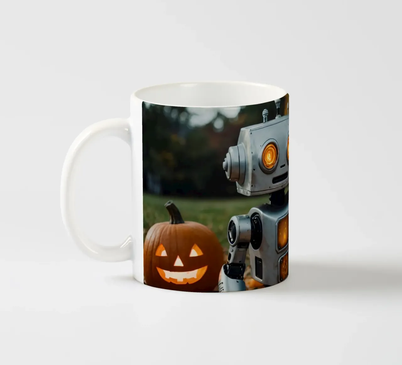 A vintage robot stands beside a carved pumpkin during autumn ceramic mug by DesignDoodle