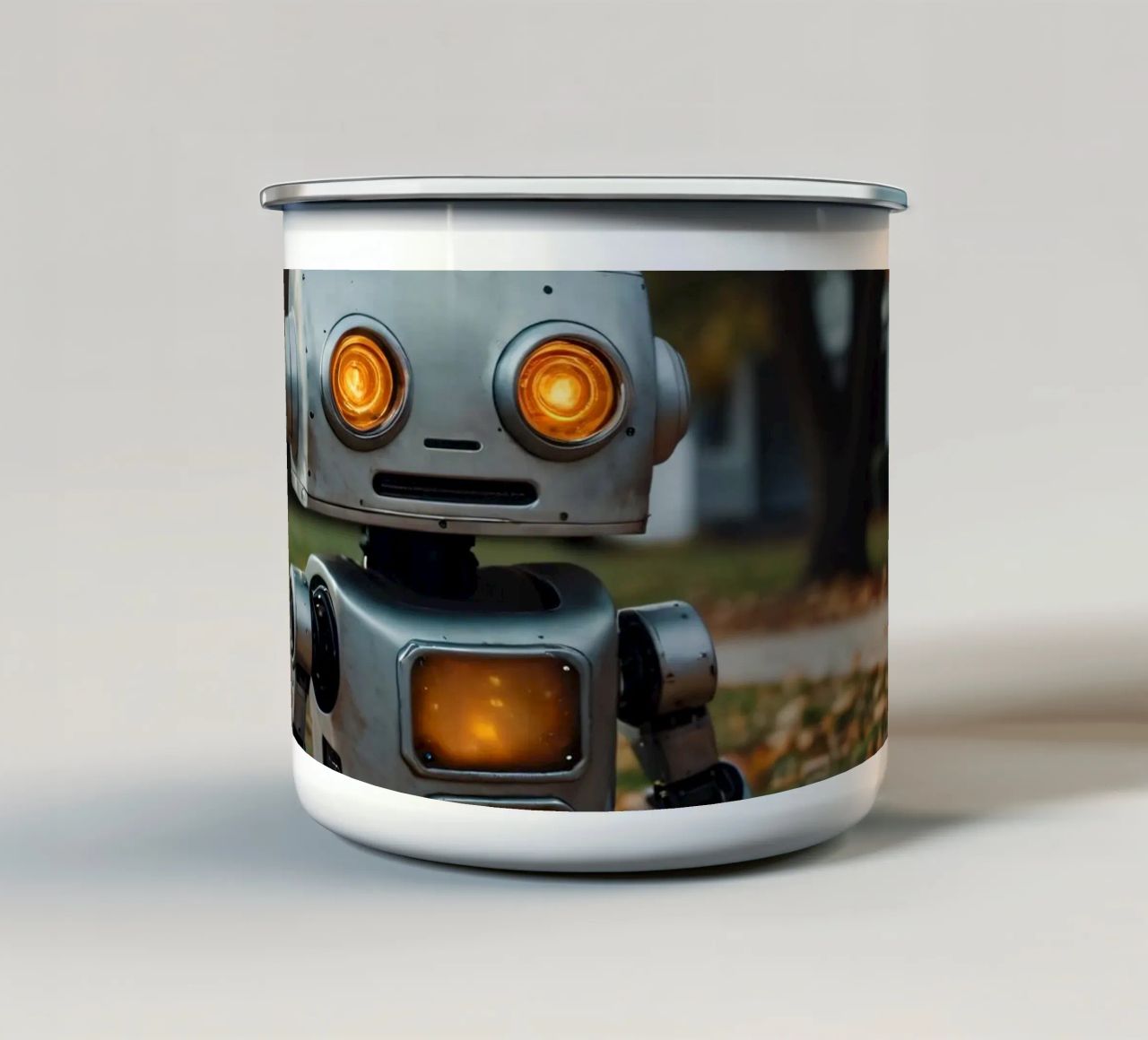 Un robot vintage si trova accanto a una zucca intagliata durante l'autunno tazza in smalto da DesignDoodle
