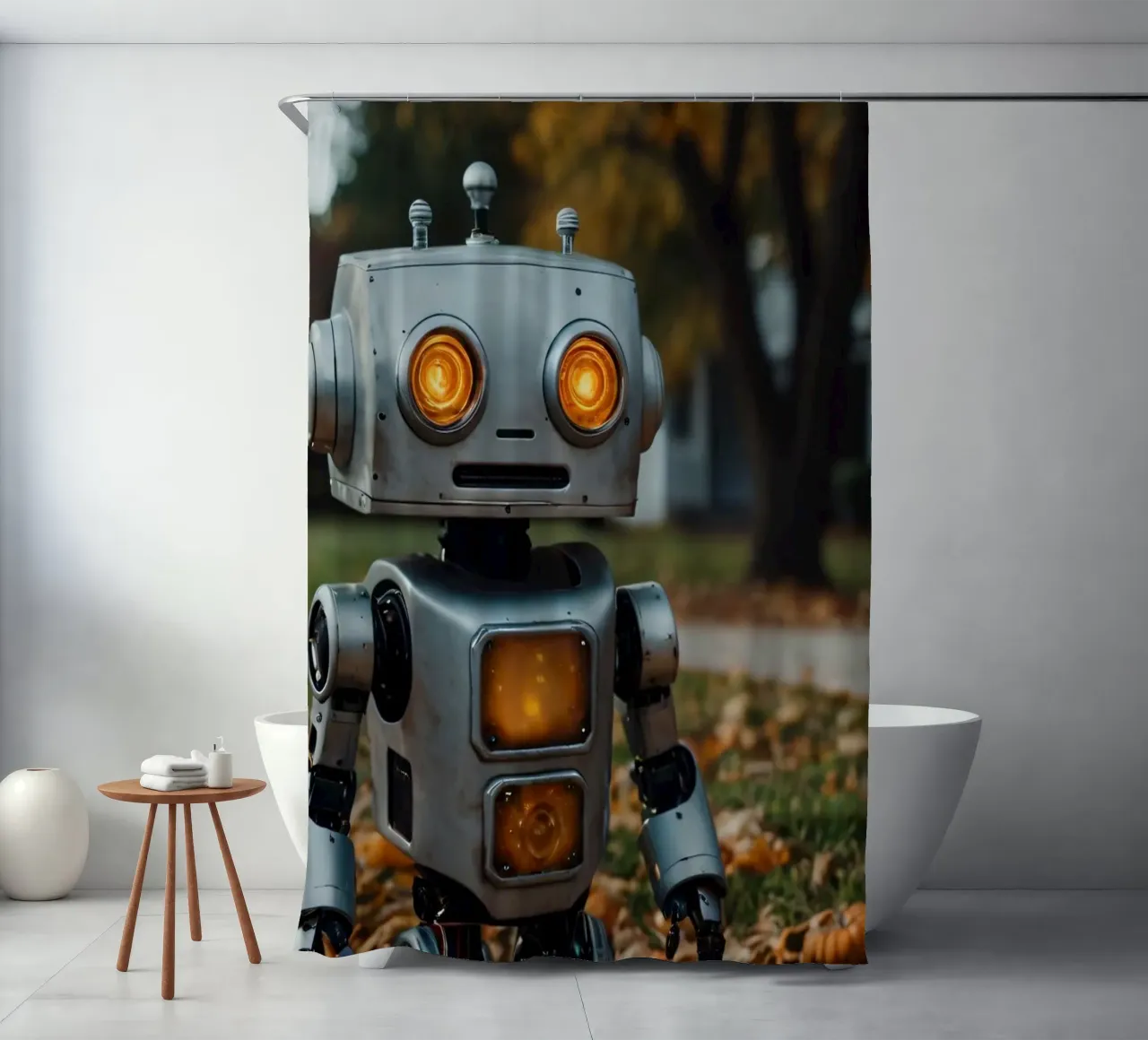 Un robot vintage si trova accanto a una zucca intagliata durante l'autunno tenda da doccia da DesignDoodle